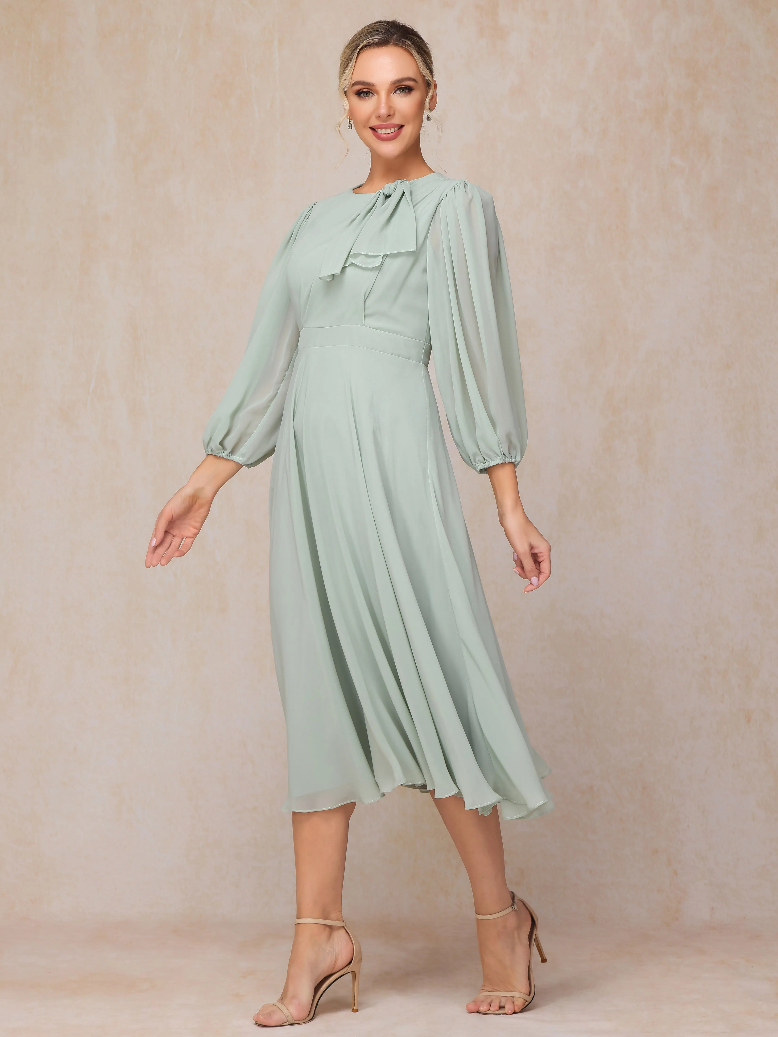 A-Line Long Sleeves Tea-Length Chiffon Mother of the Bride Dress