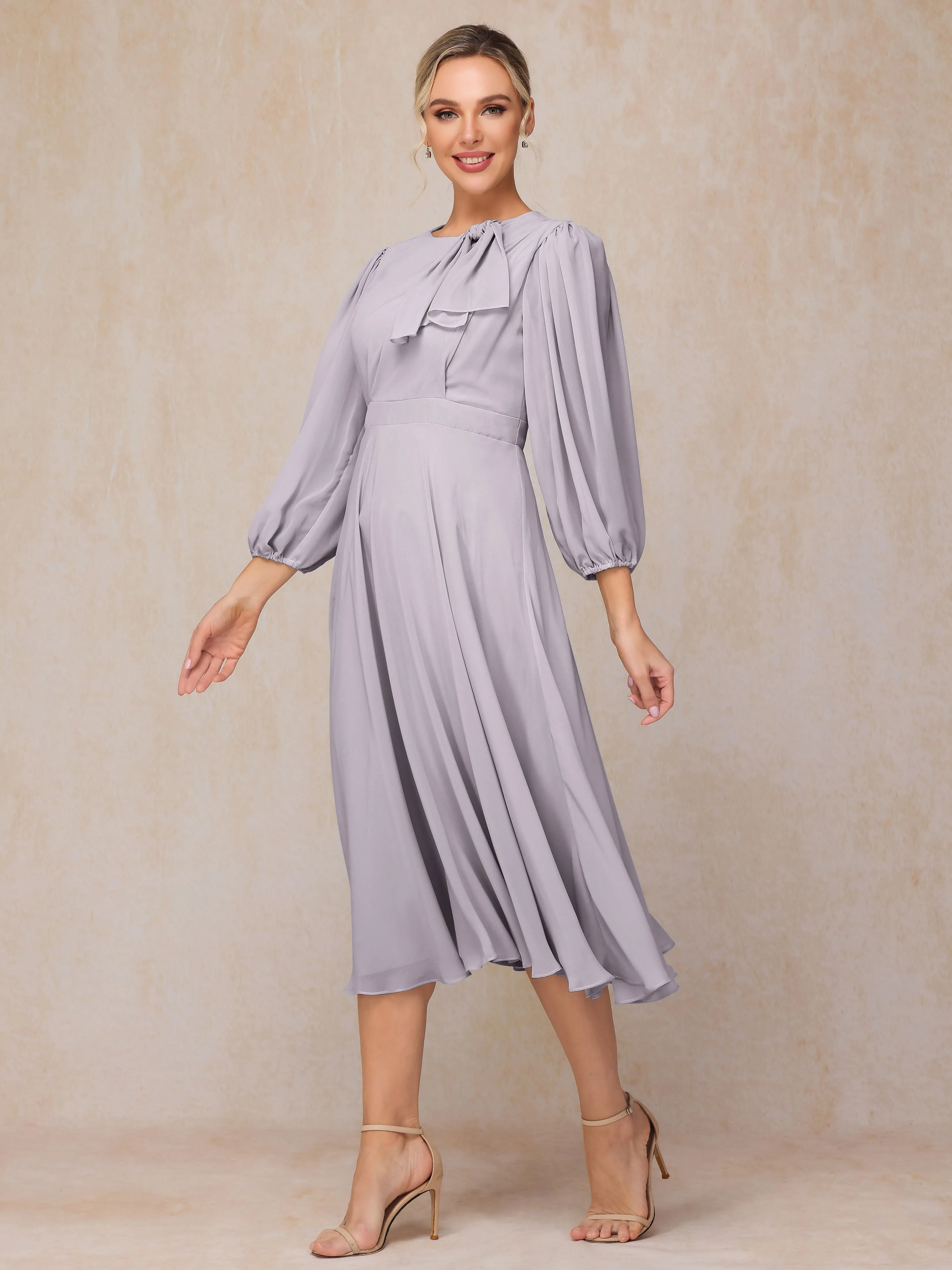 A-Line Long Sleeves Tea-Length Chiffon Mother of the Bride Dress