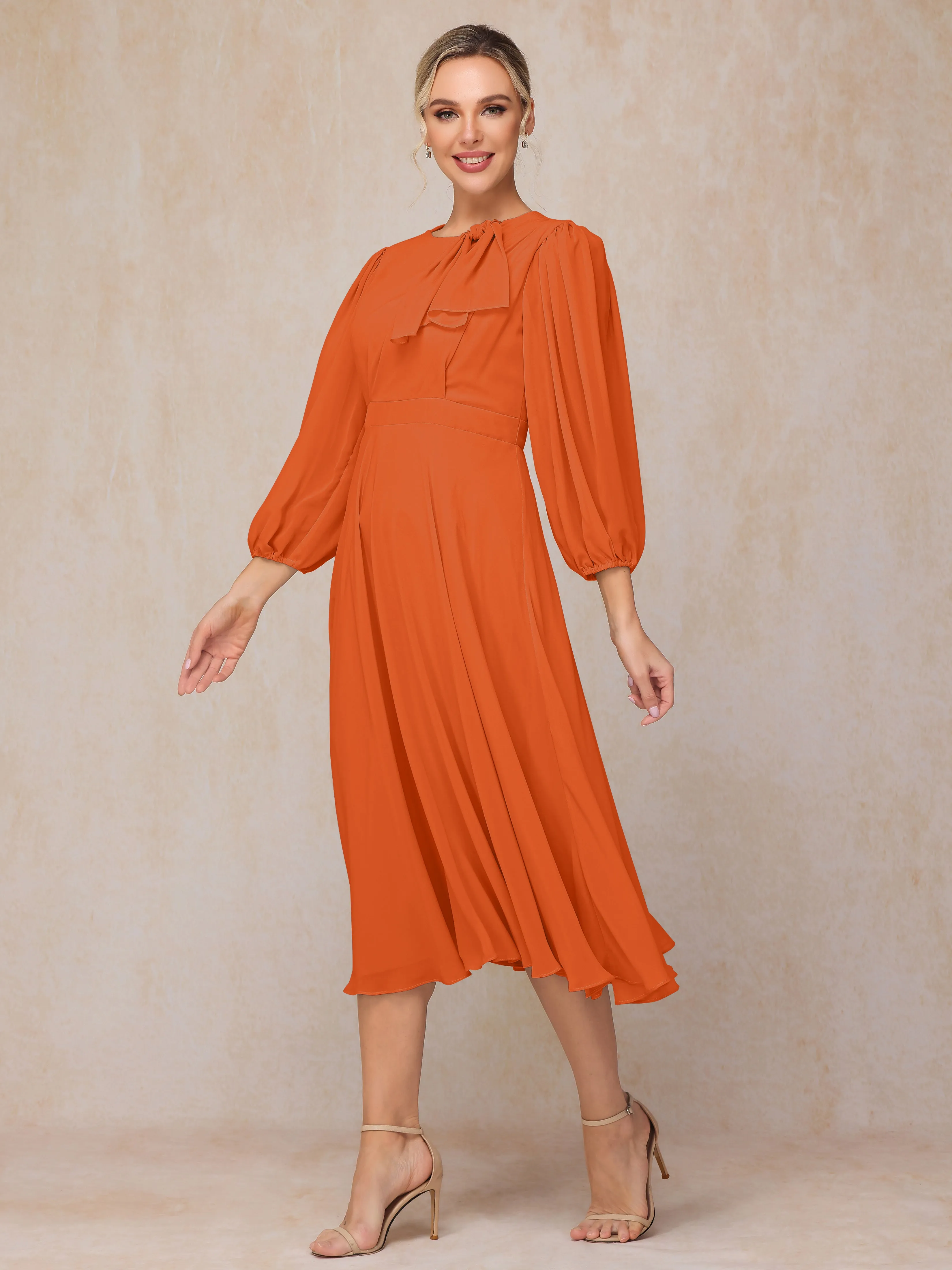 A-Line Long Sleeves Tea-Length Chiffon Mother of the Bride Dress