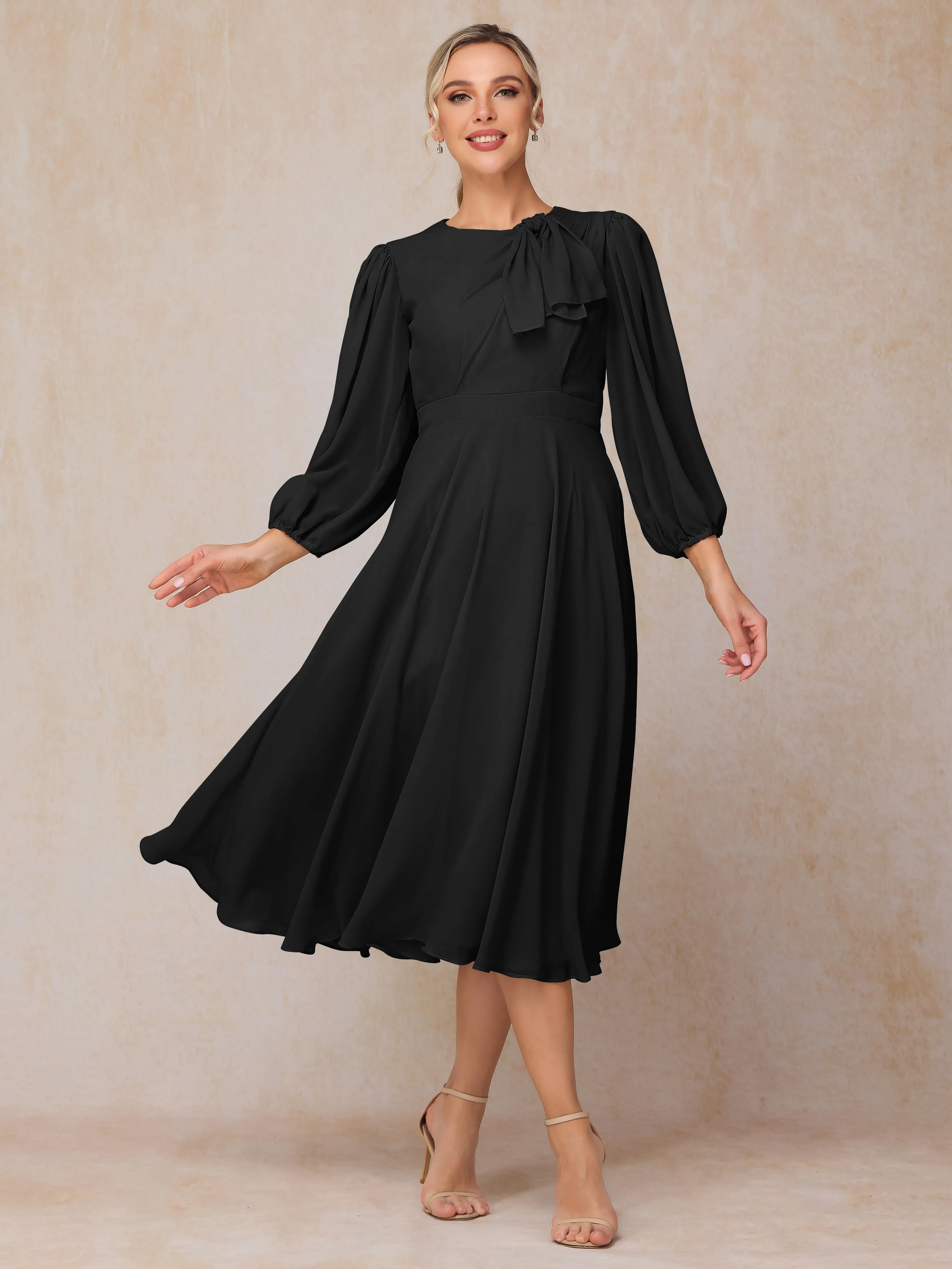 A-Line Long Sleeves Tea-Length Chiffon Mother of the Bride Dress