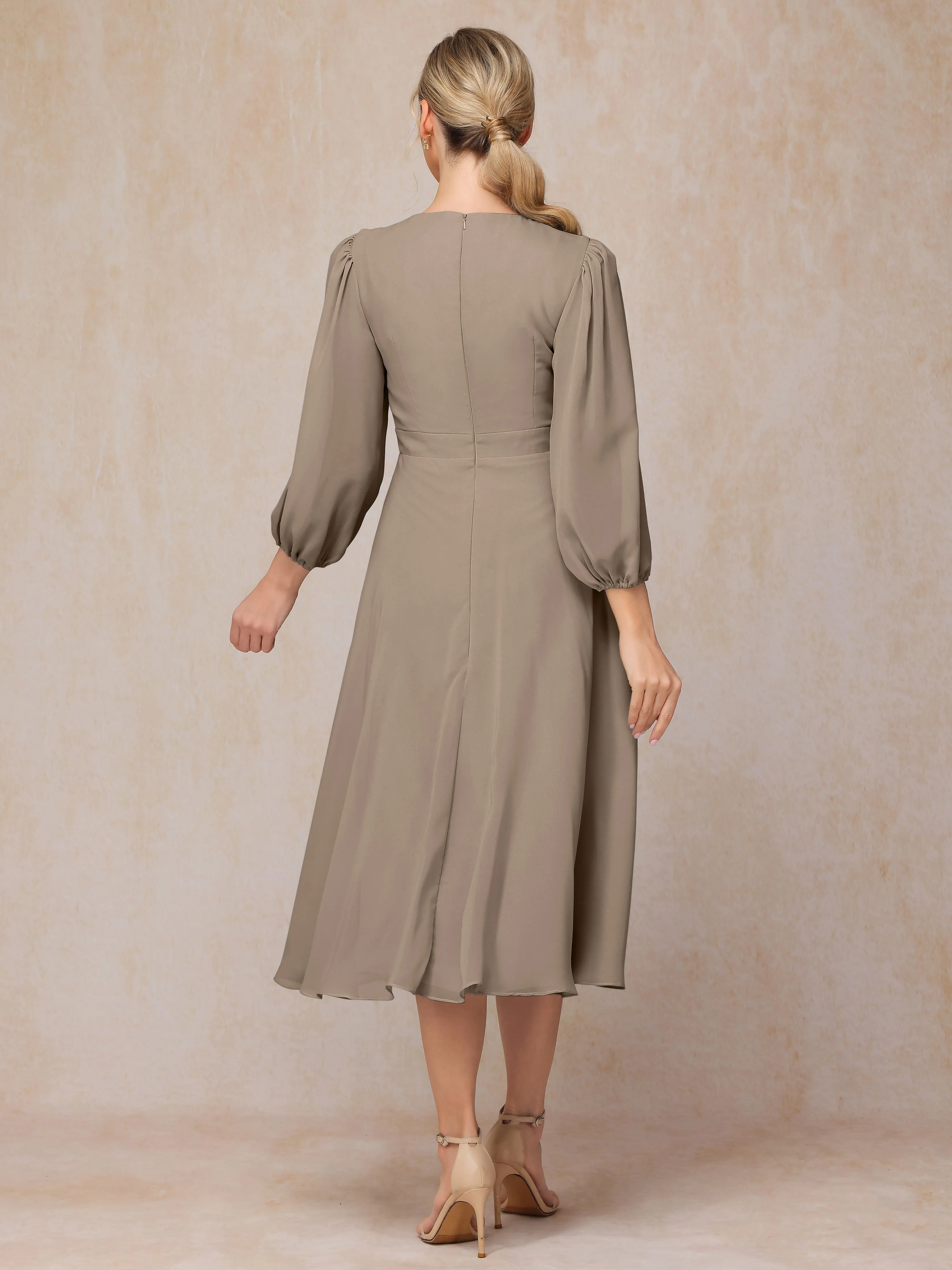 A-Line Long Sleeves Tea-Length Chiffon Mother of the Bride Dress