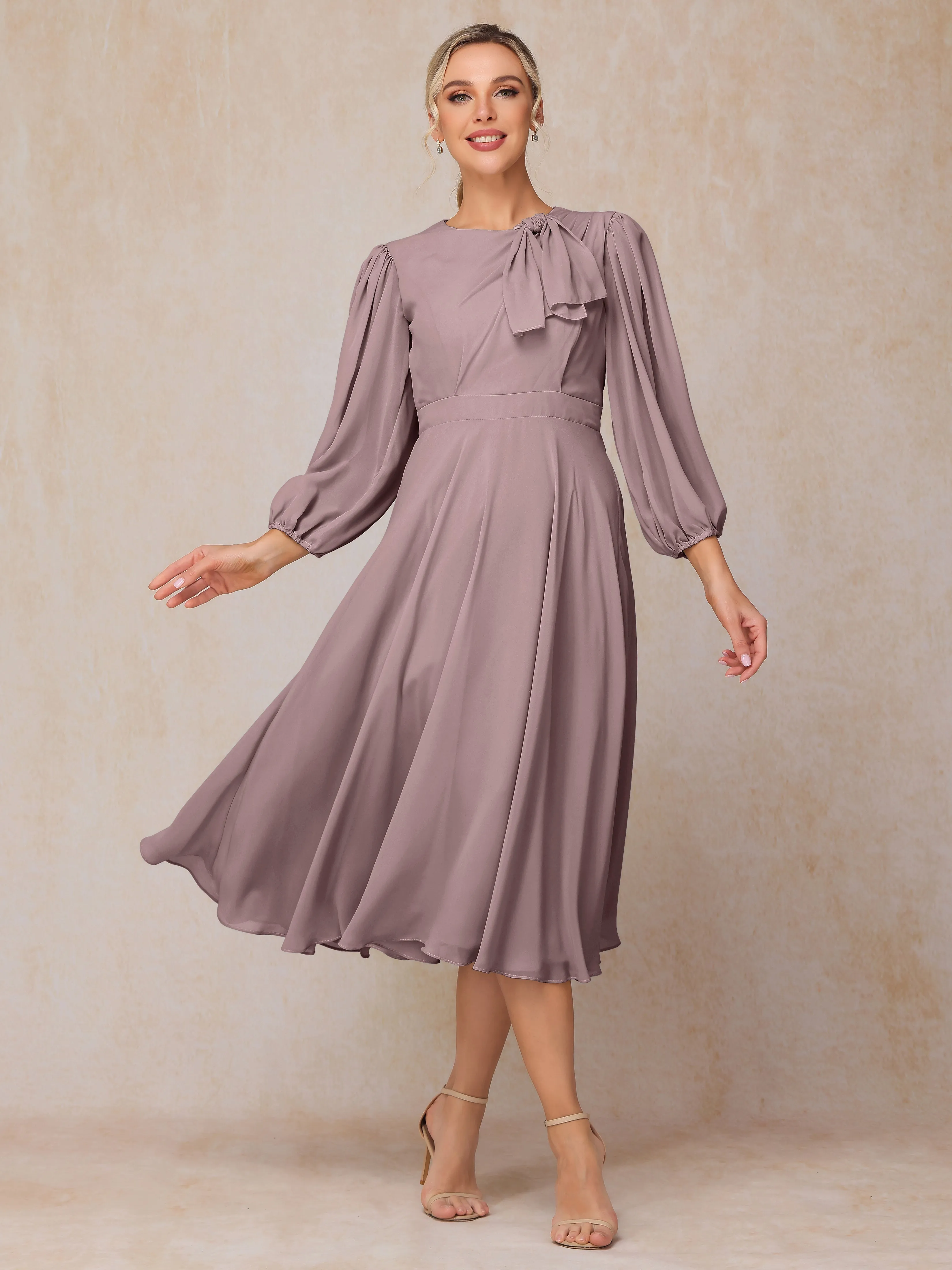 A-Line Long Sleeves Tea-Length Chiffon Mother of the Bride Dress