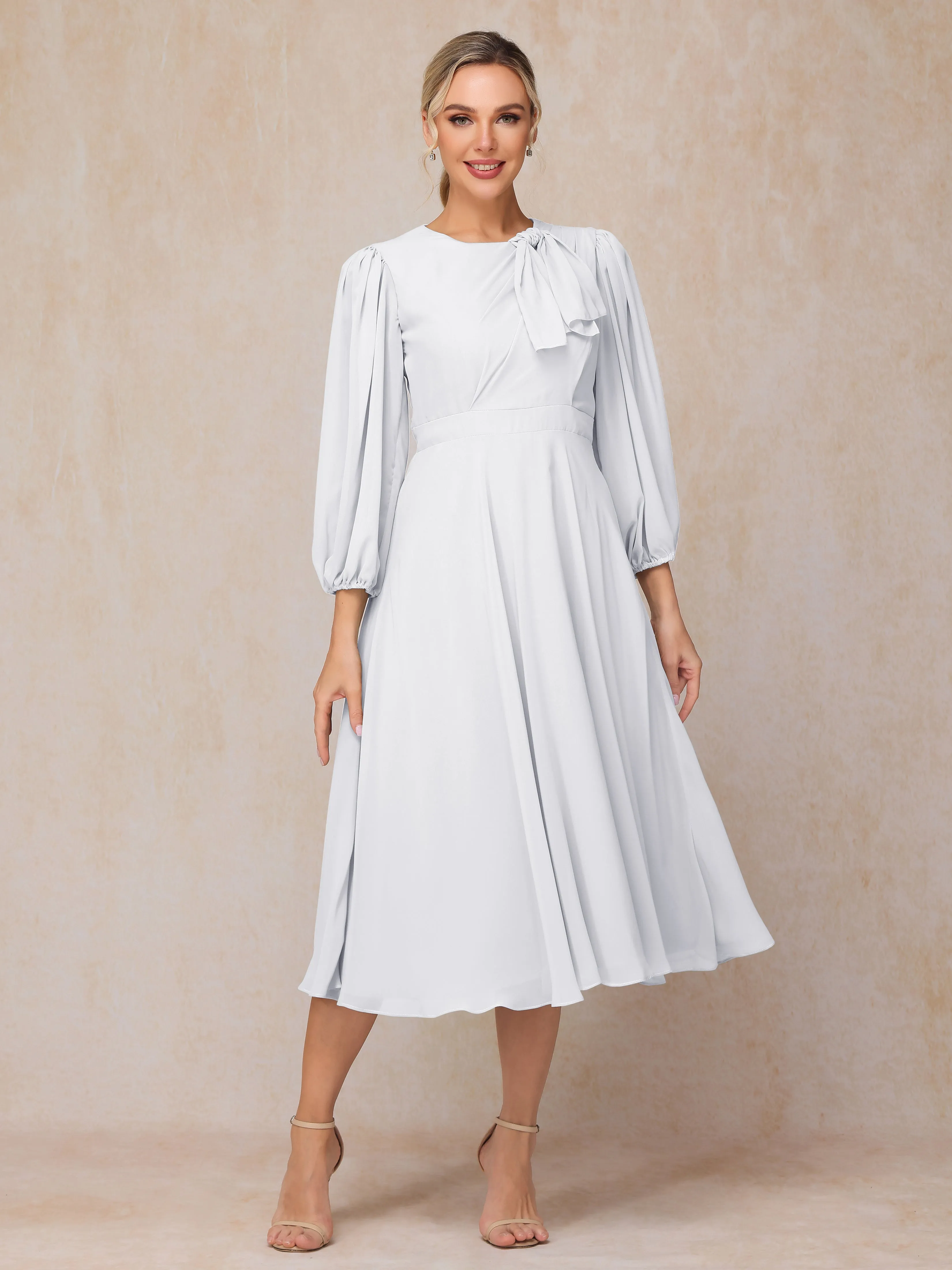 A-Line Long Sleeves Tea-Length Chiffon Mother of the Bride Dress