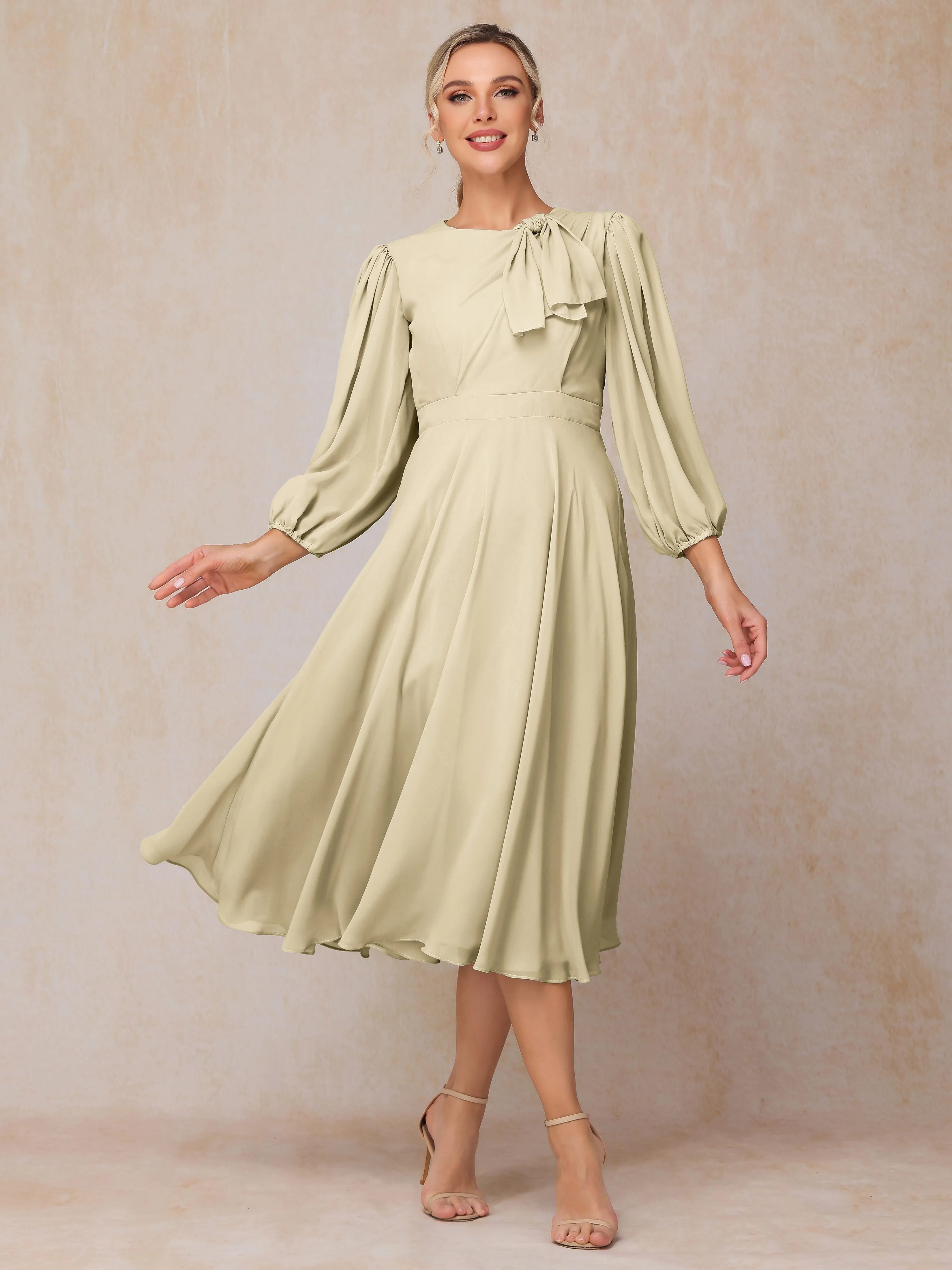 A-Line Long Sleeves Tea-Length Chiffon Mother of the Bride Dress