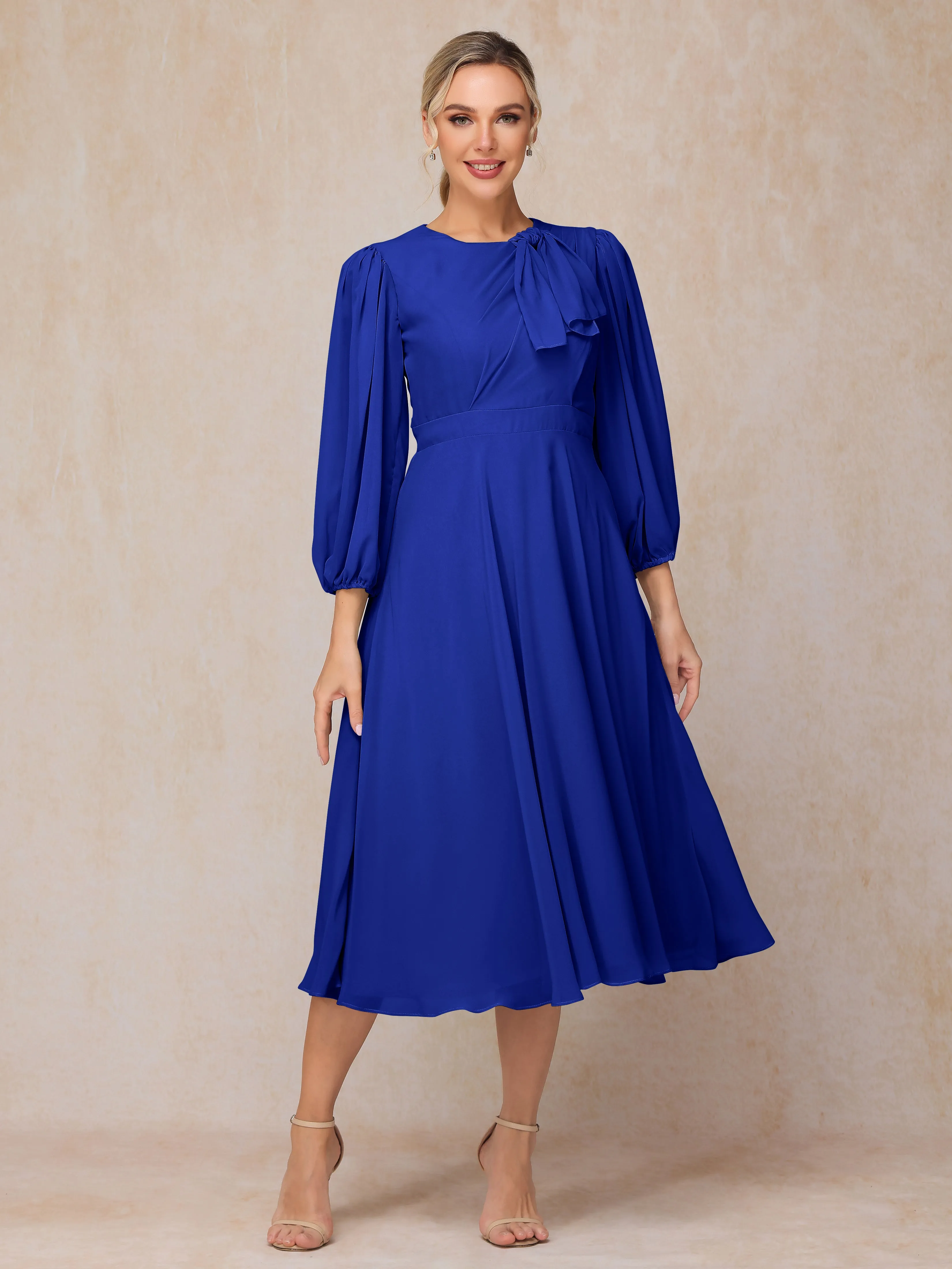 A-Line Long Sleeves Tea-Length Chiffon Mother of the Bride Dress