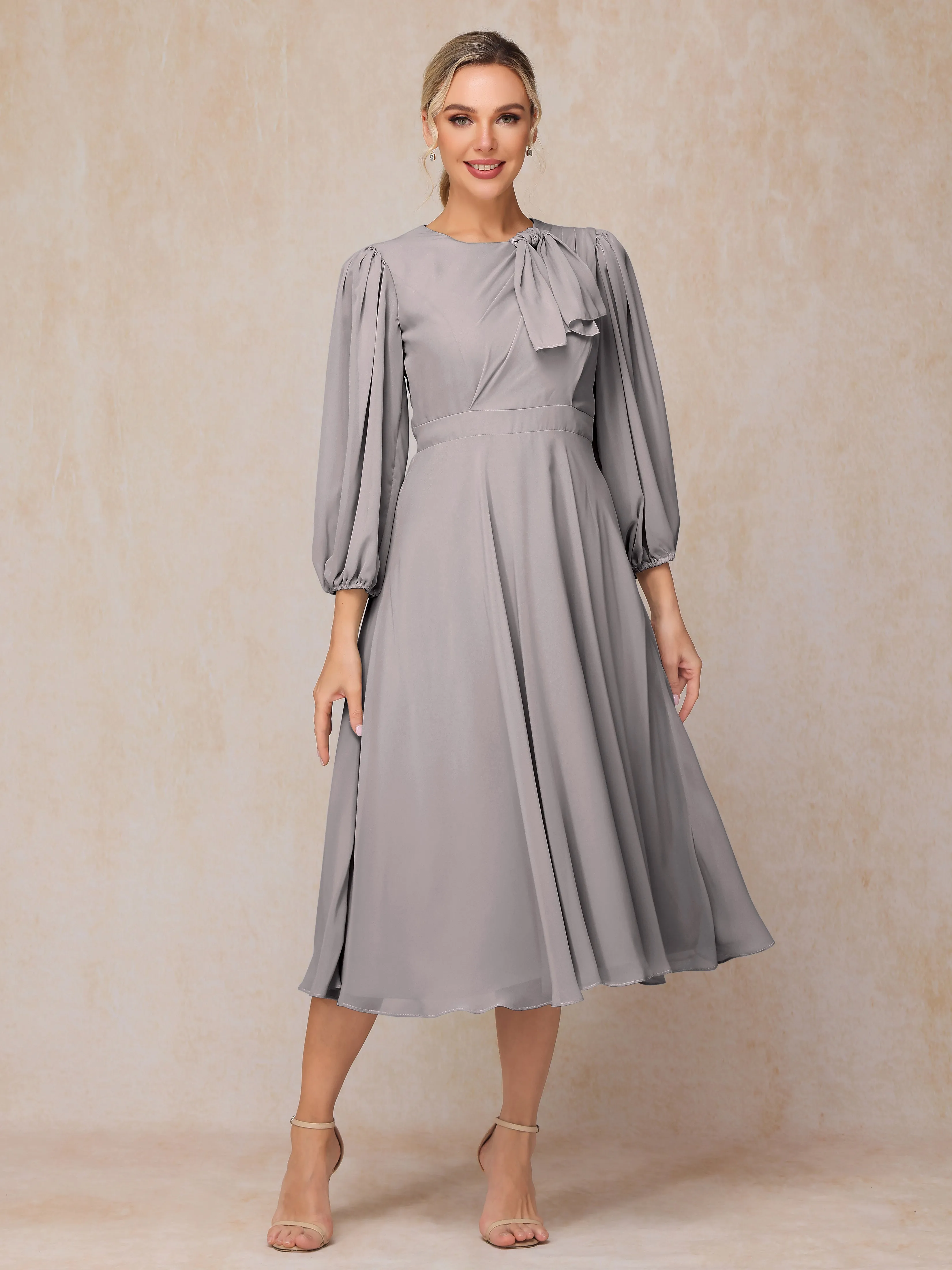 A-Line Long Sleeves Tea-Length Chiffon Mother of the Bride Dress