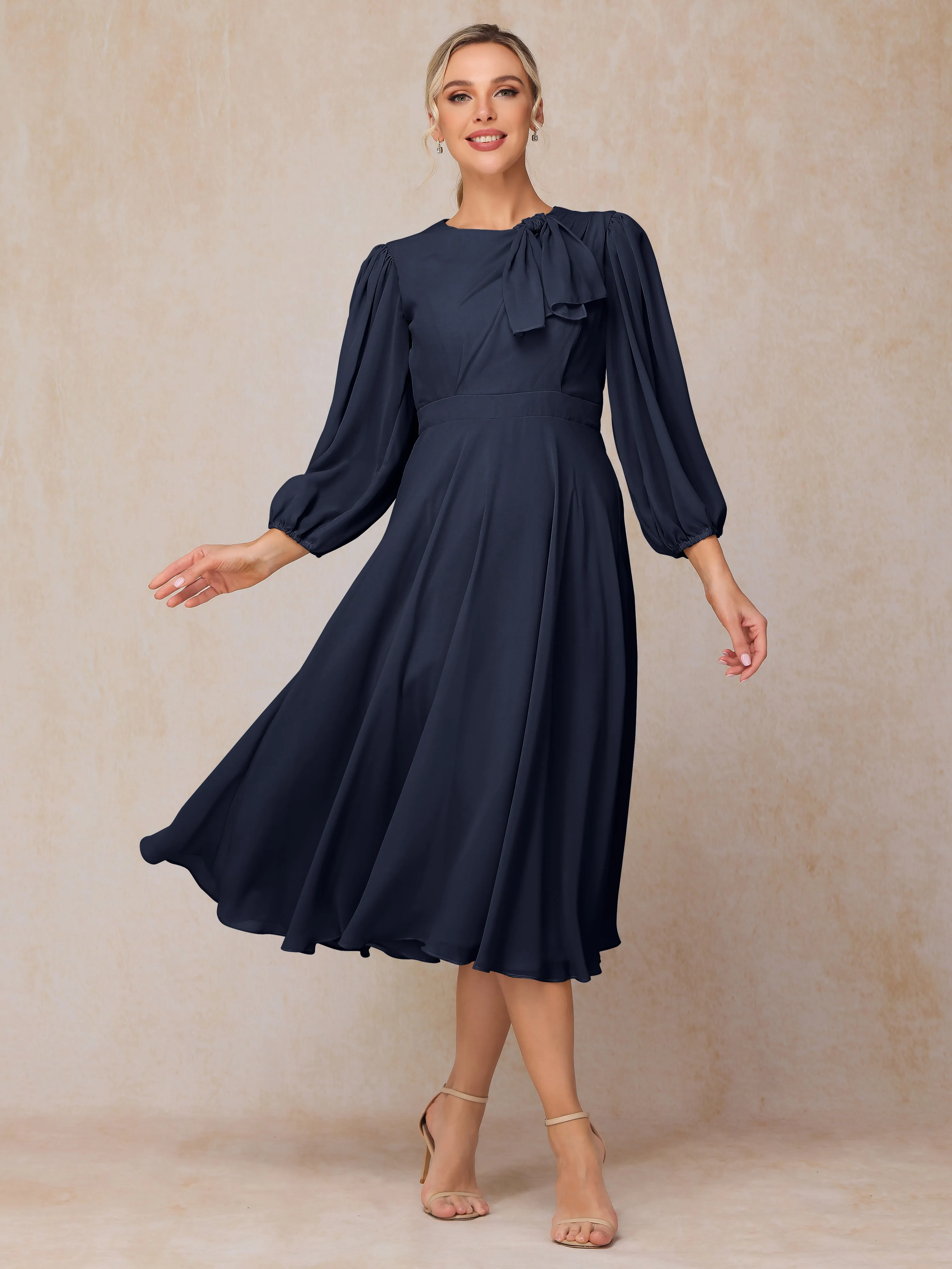 A-Line Long Sleeves Tea-Length Chiffon Mother of the Bride Dress