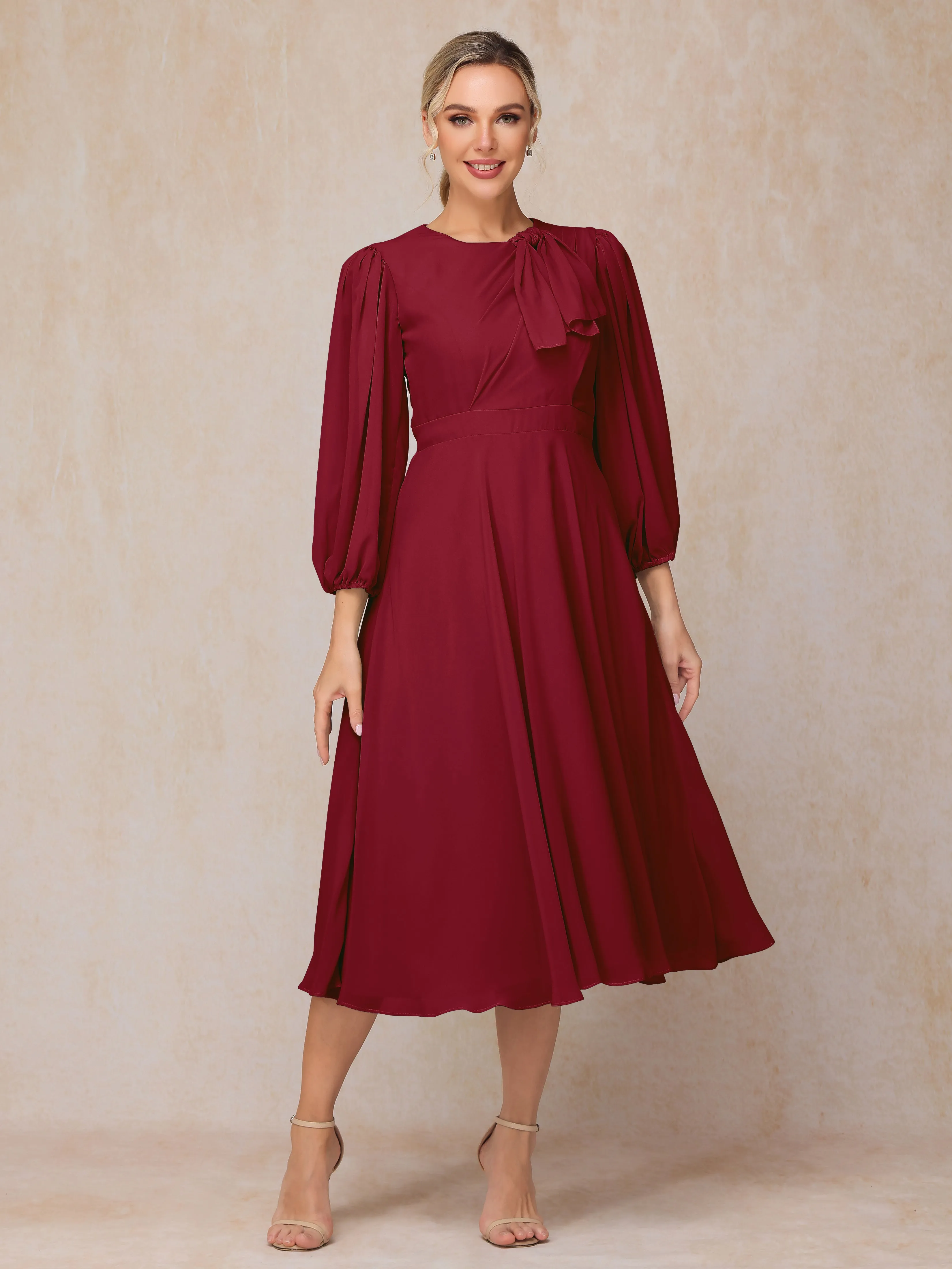 A-Line Long Sleeves Tea-Length Chiffon Wedding Guest Dresses