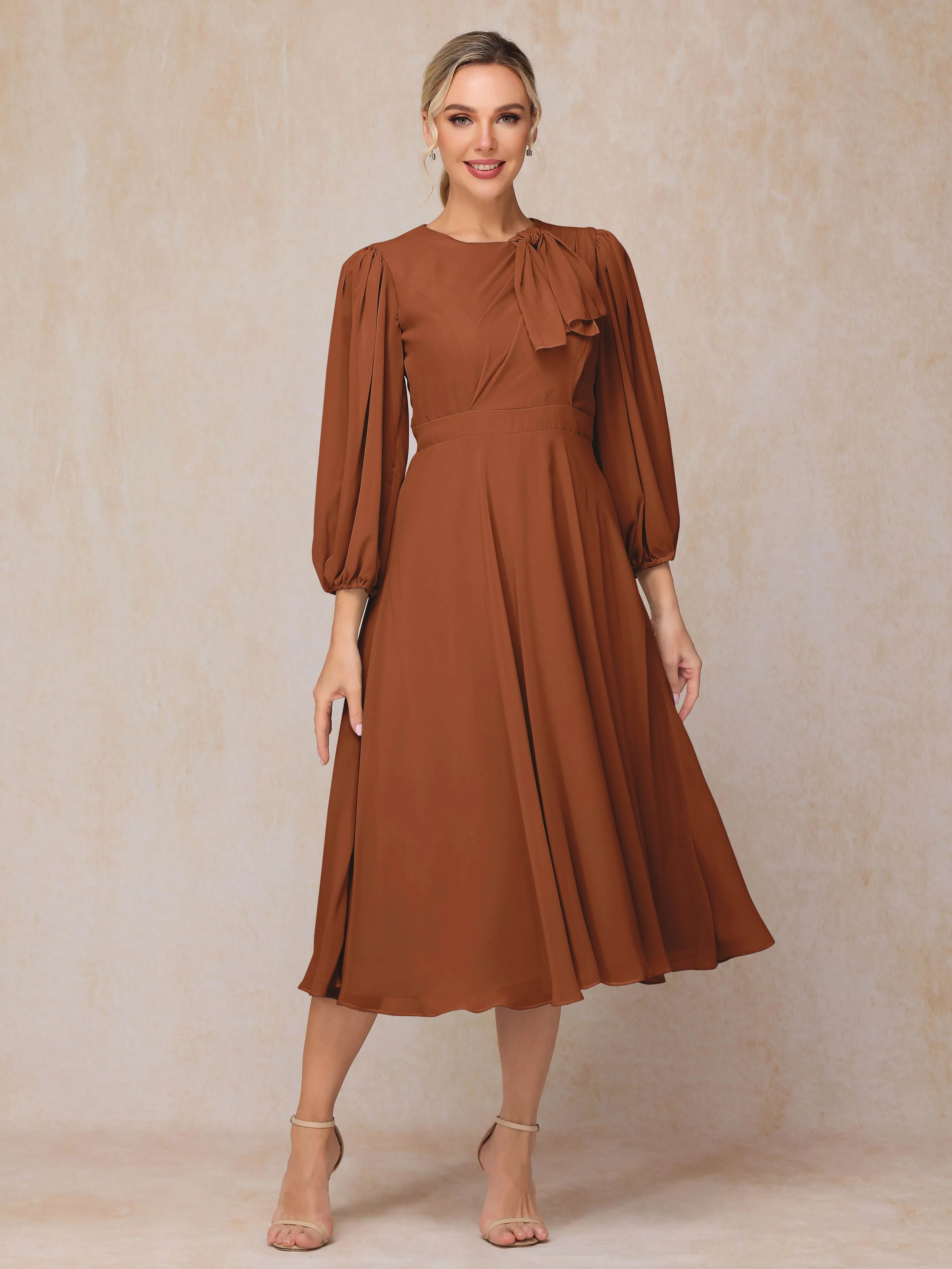 A-Line Long Sleeves Tea-Length Chiffon Wedding Guest Dresses