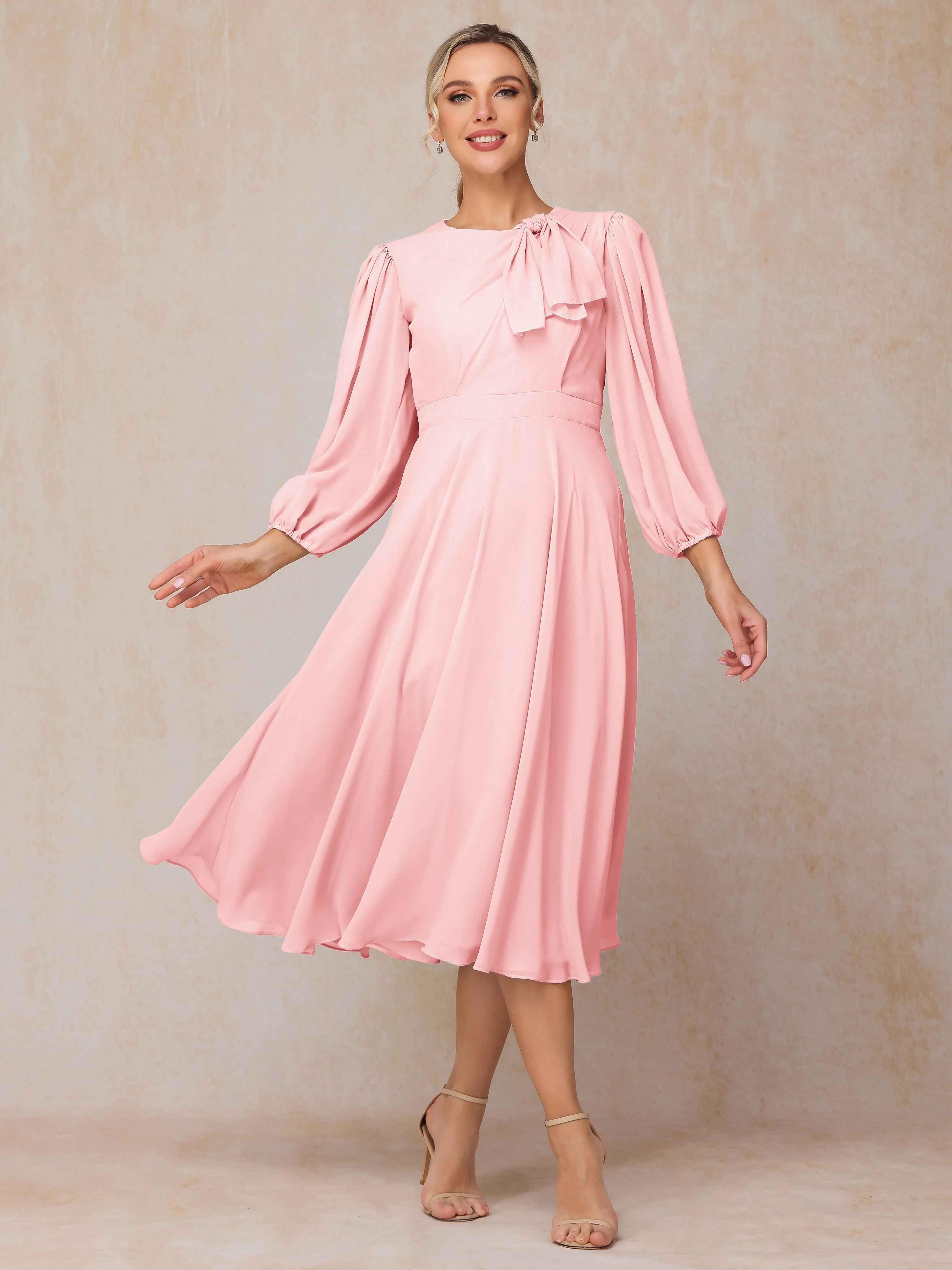 A-Line Long Sleeves Tea-Length Chiffon Wedding Guest Dresses