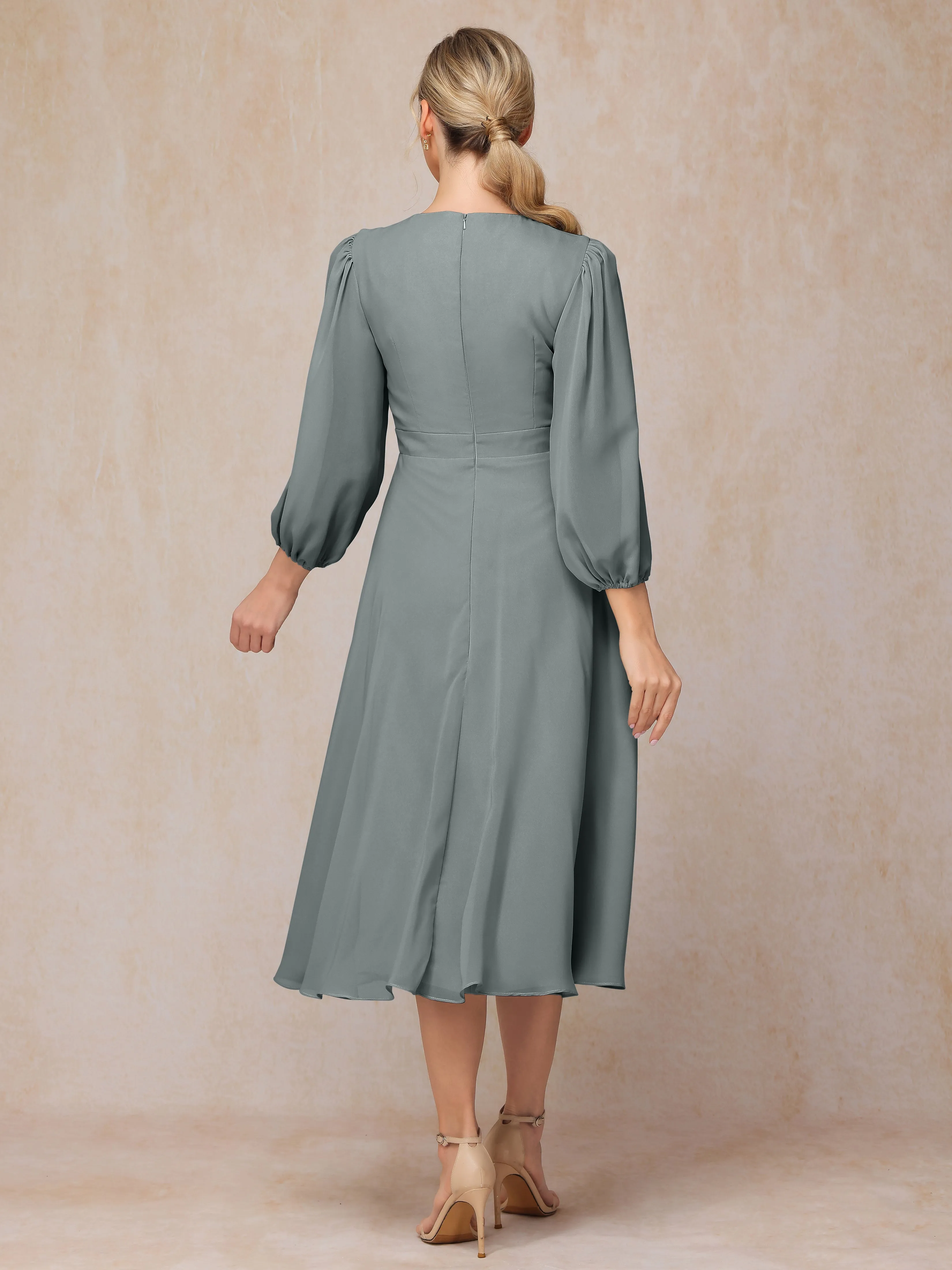 A-Line Long Sleeves Tea-Length Chiffon Wedding Guest Dresses