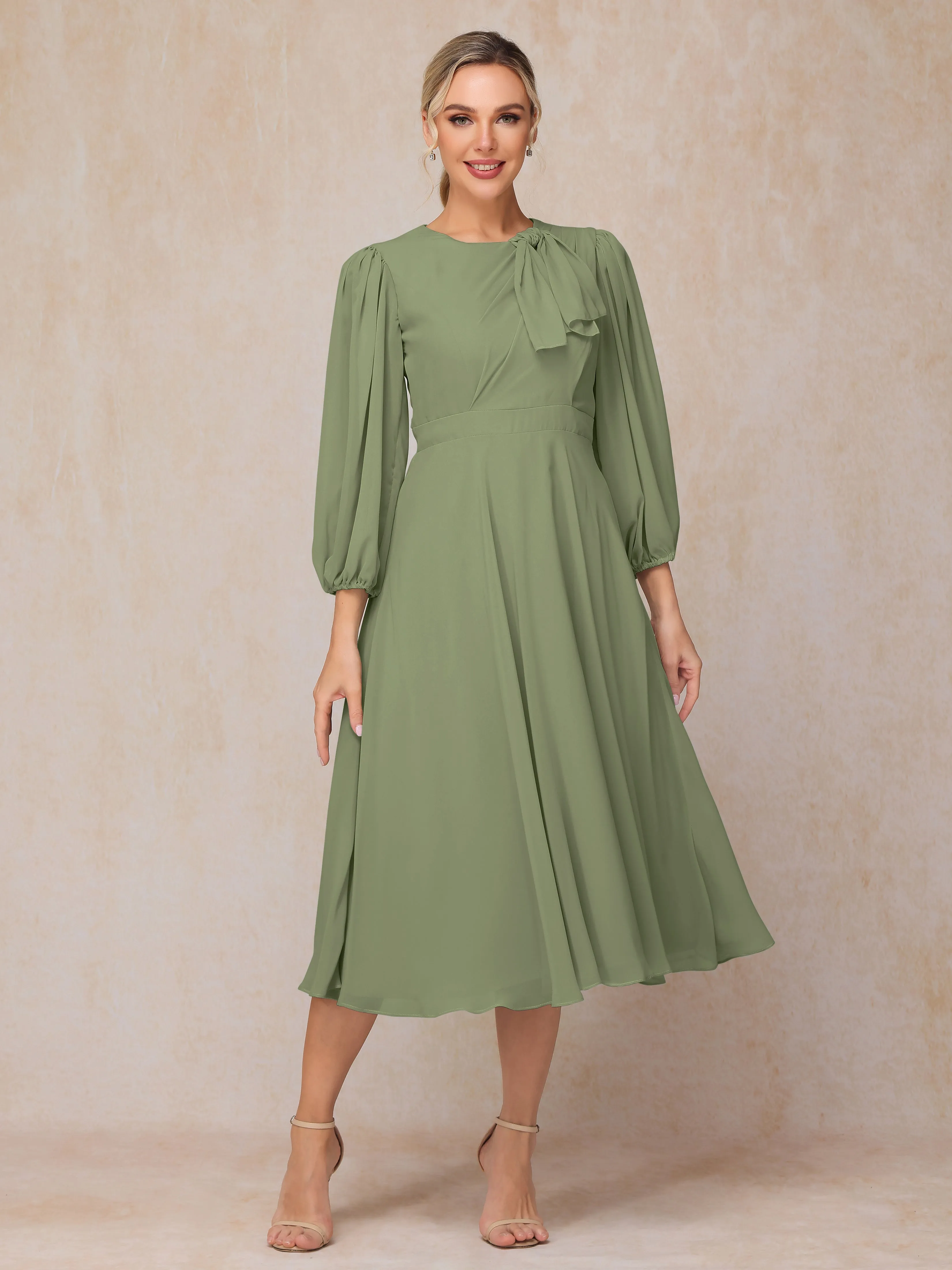 A-Line Long Sleeves Tea-Length Chiffon Wedding Guest Dresses