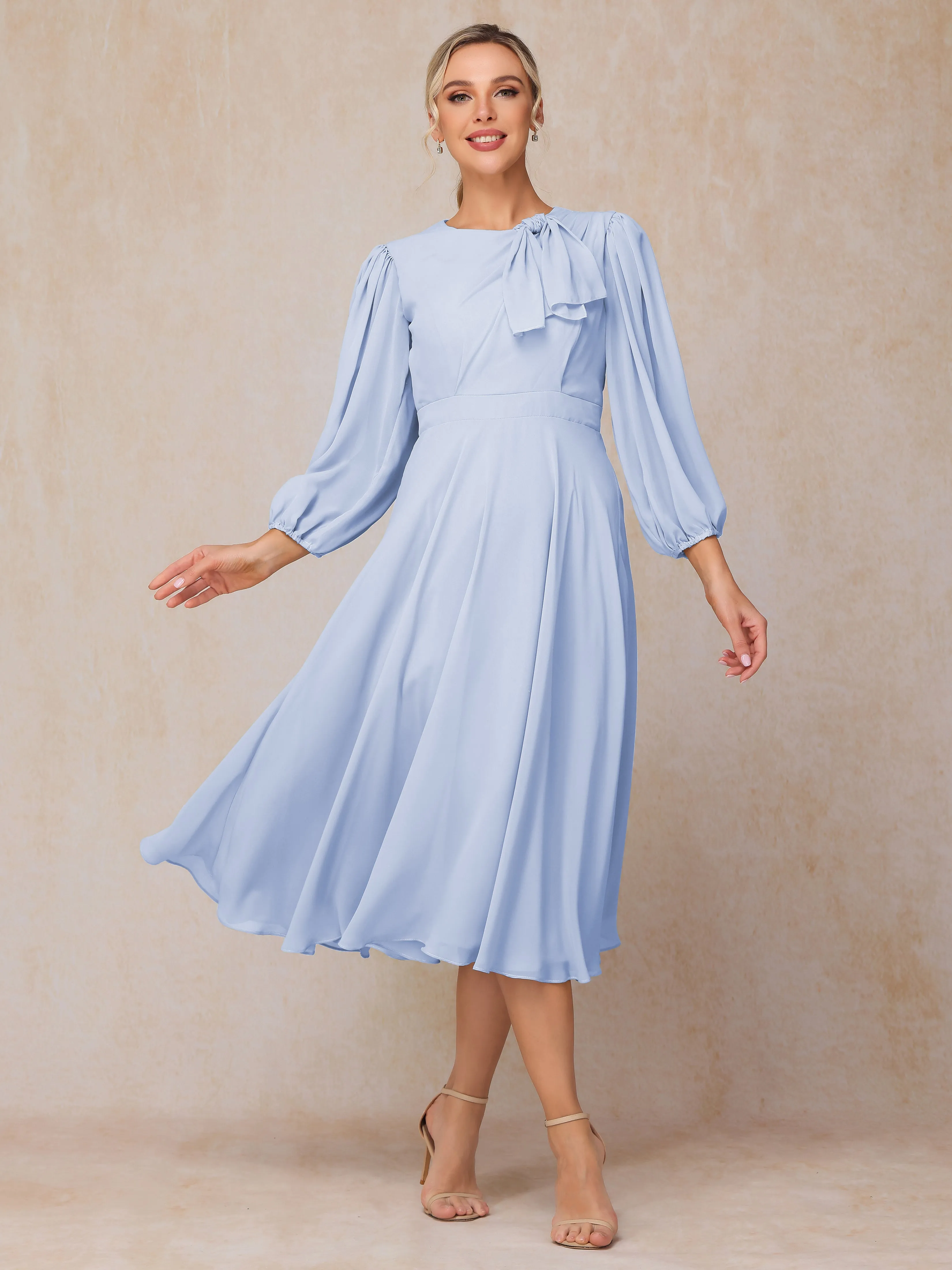 A-Line Long Sleeves Tea-Length Chiffon Wedding Guest Dresses