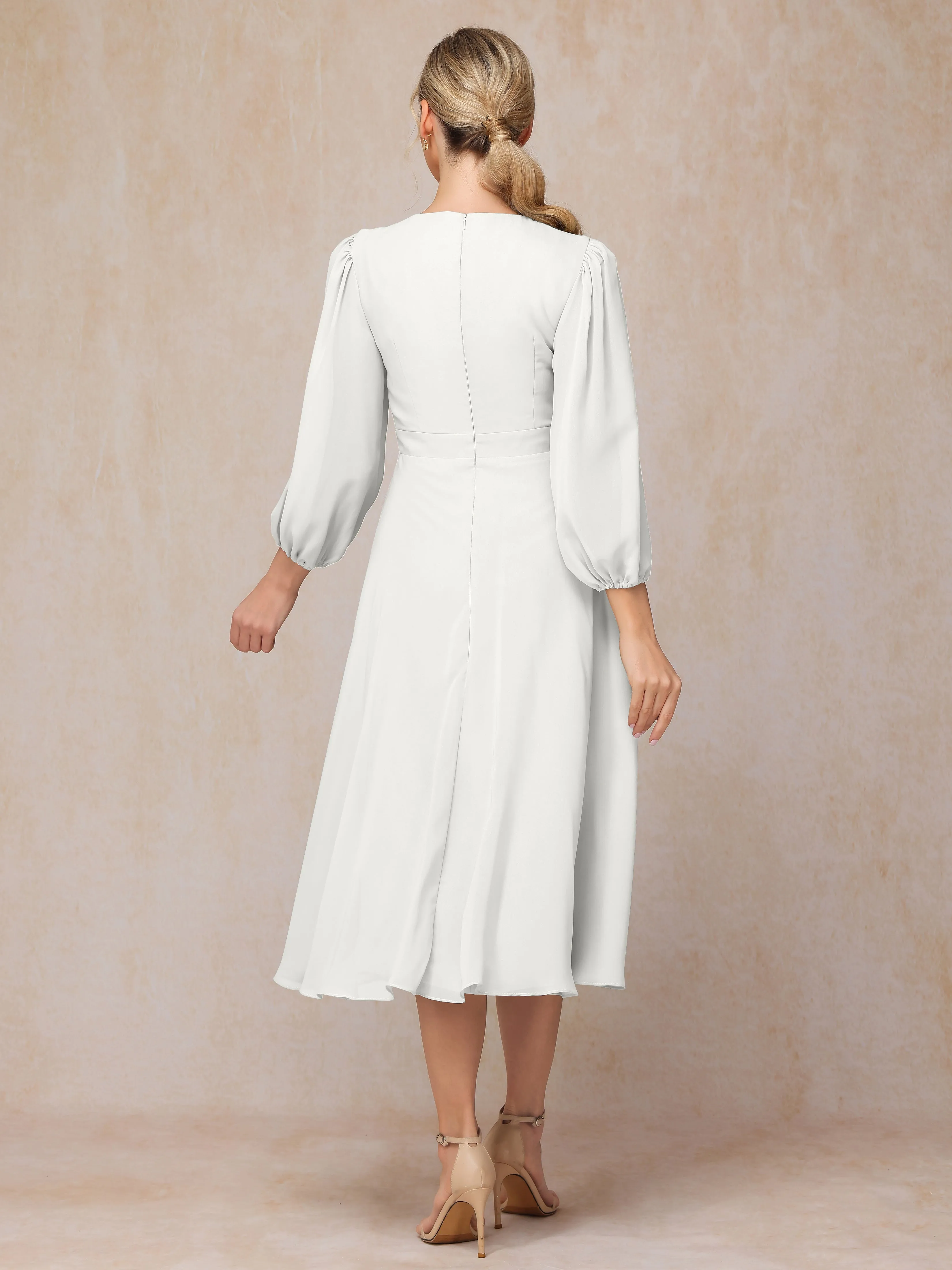 A-Line Long Sleeves Tea-Length Chiffon Wedding Guest Dresses