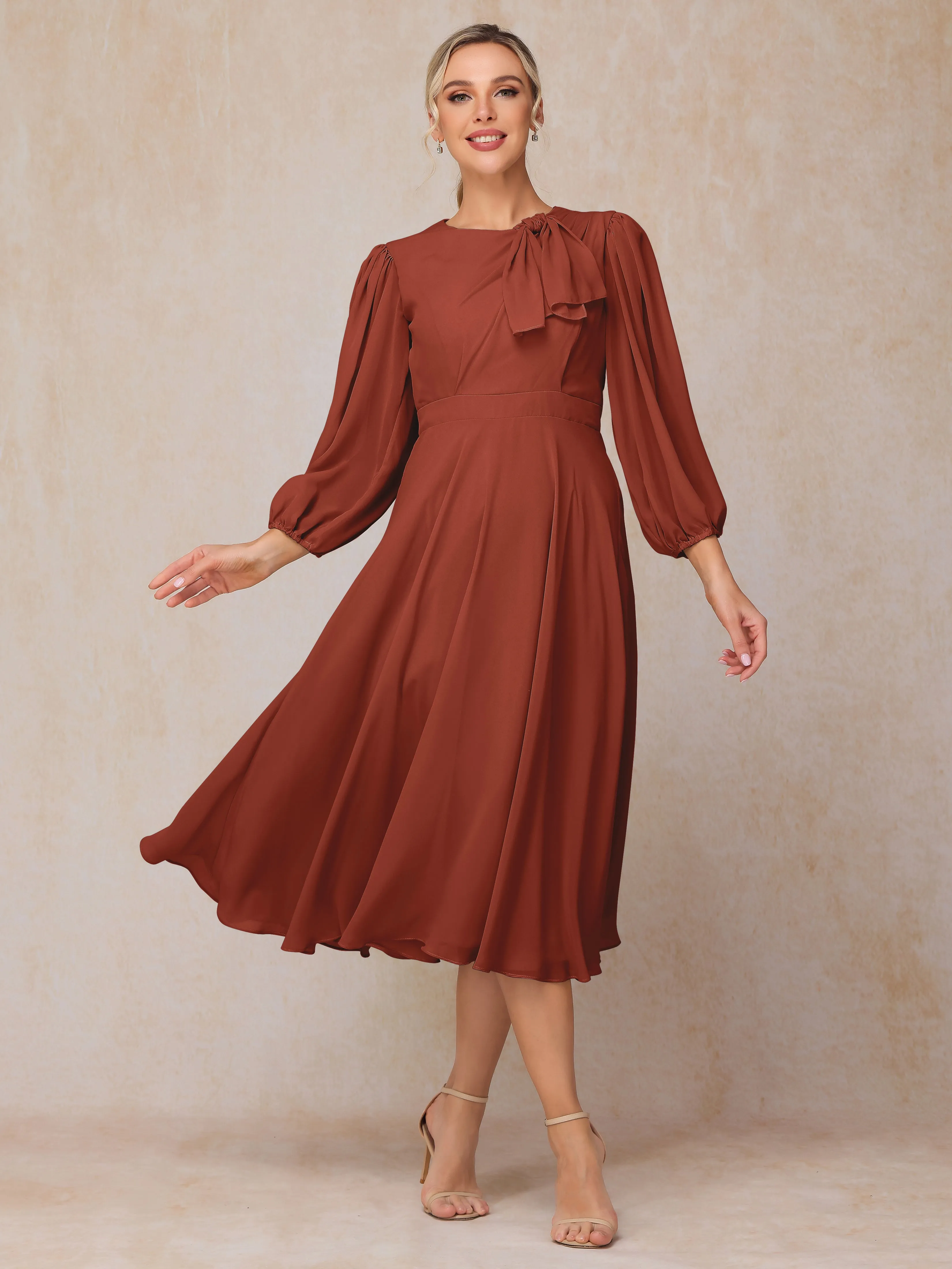 A-Line Long Sleeves Tea-Length Chiffon Wedding Guest Dresses