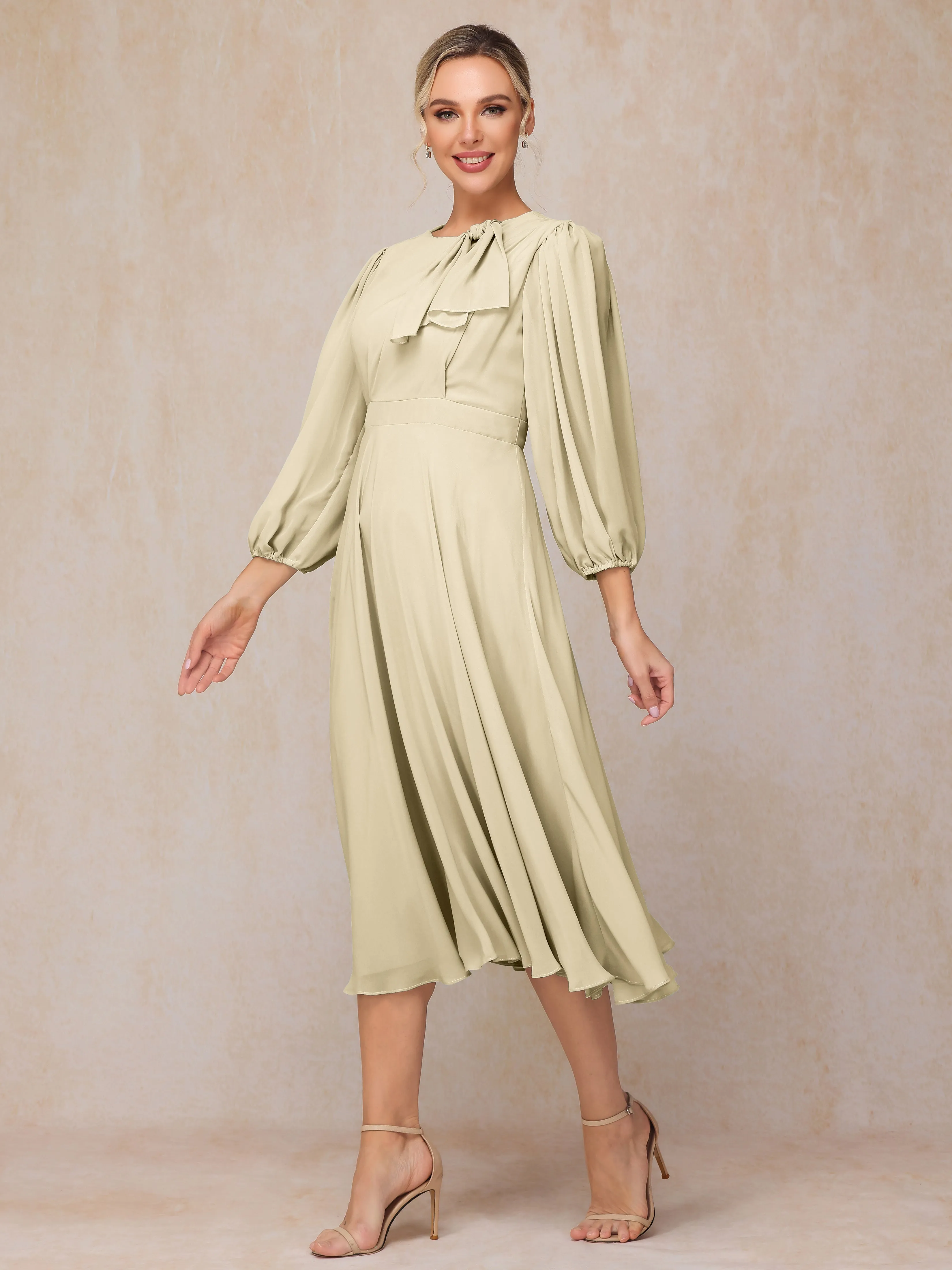 A-Line Long Sleeves Tea-Length Chiffon Wedding Guest Dresses