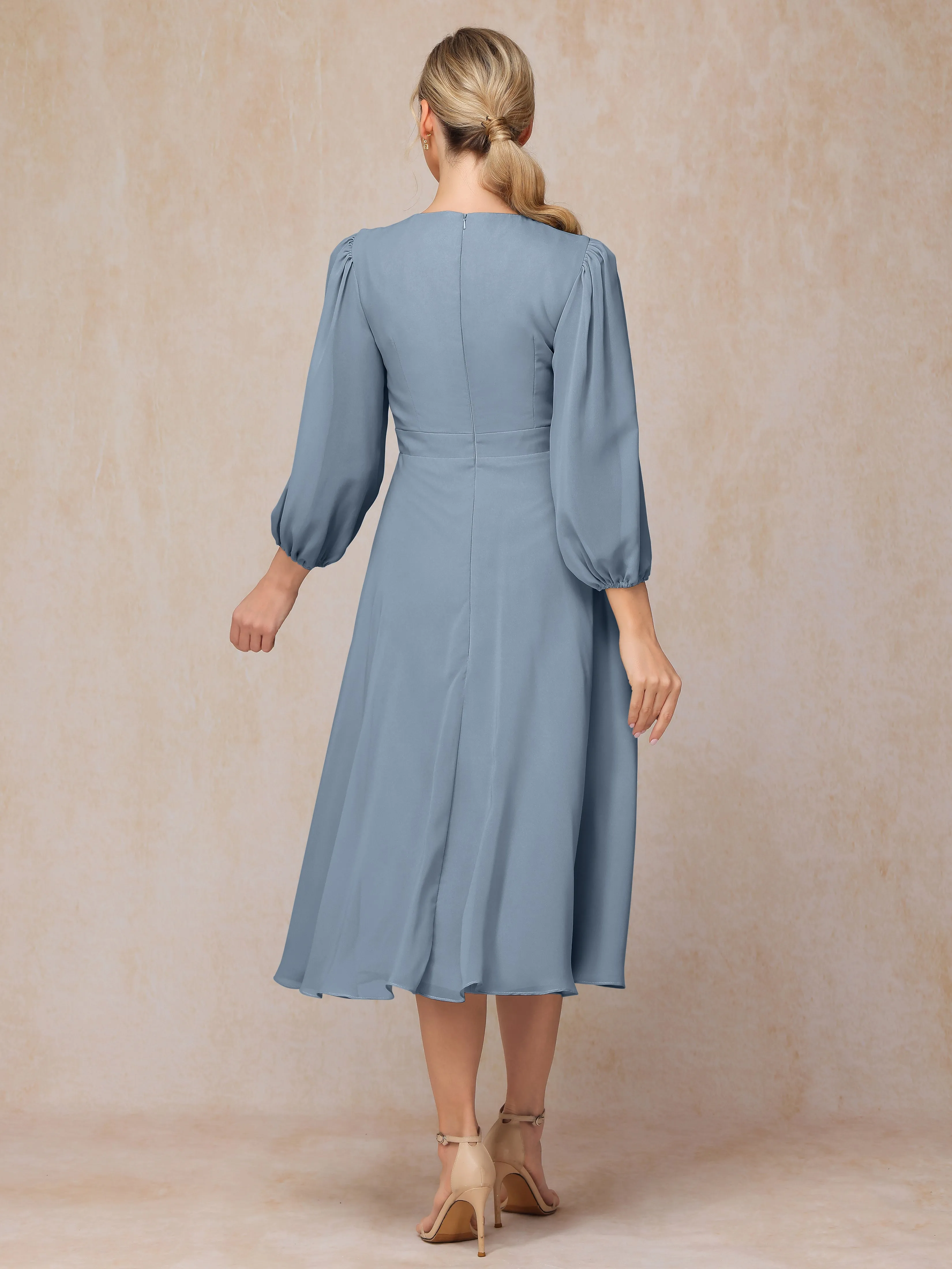 A-Line Long Sleeves Tea-Length Chiffon Wedding Guest Dresses