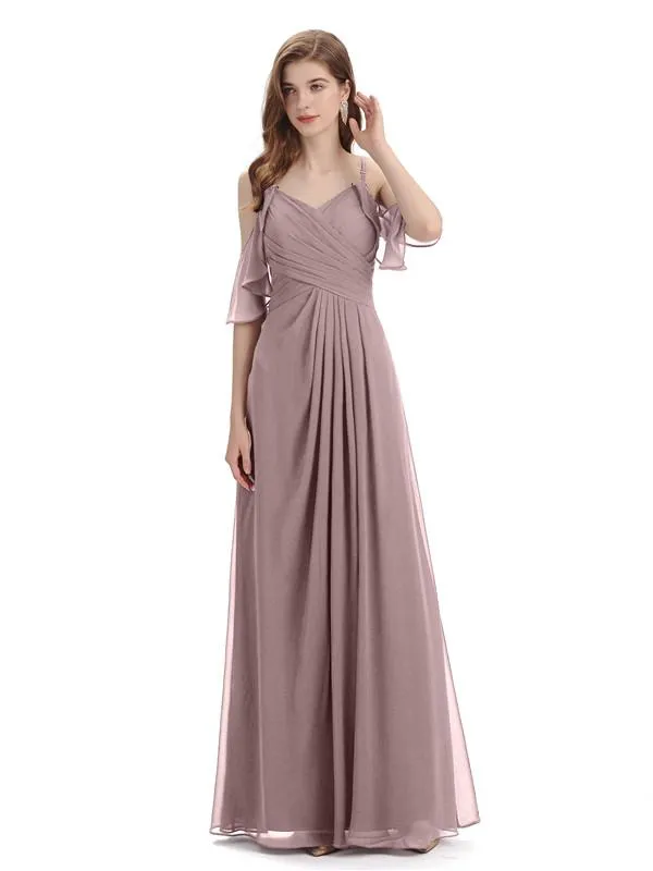 A-line off the Shoulder Spaghetti Straps Floor-Length Bridesmaid Dresses