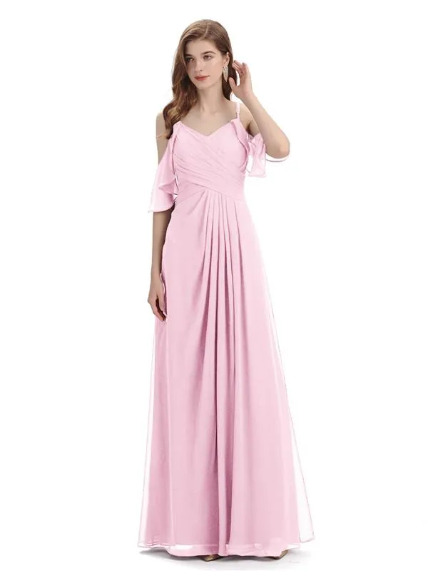 A-line off the Shoulder Spaghetti Straps Floor-Length Bridesmaid Dresses