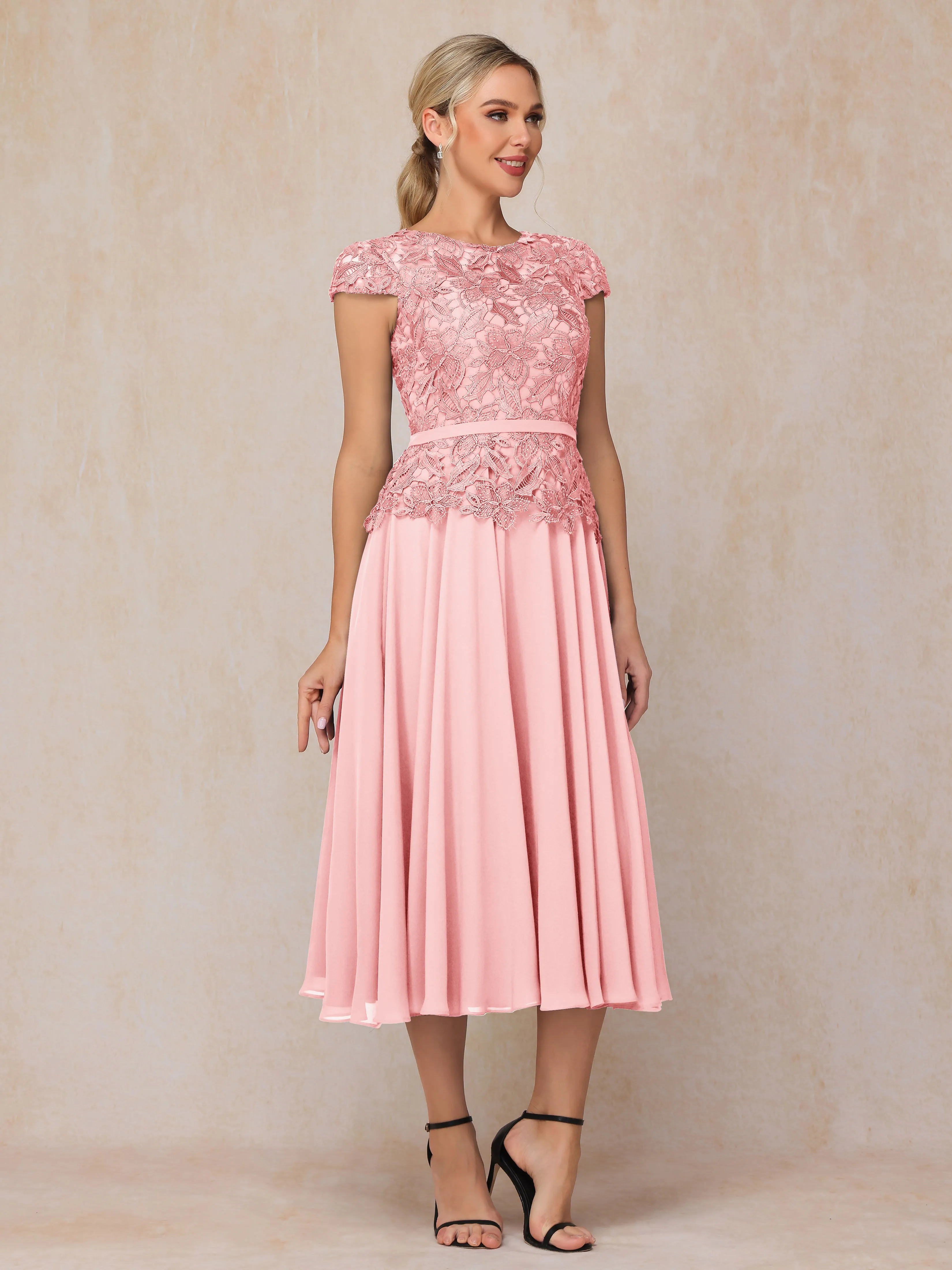 A-Line Scoop Tea-Length Chiffon Mother of the Bride Dresses With Lace