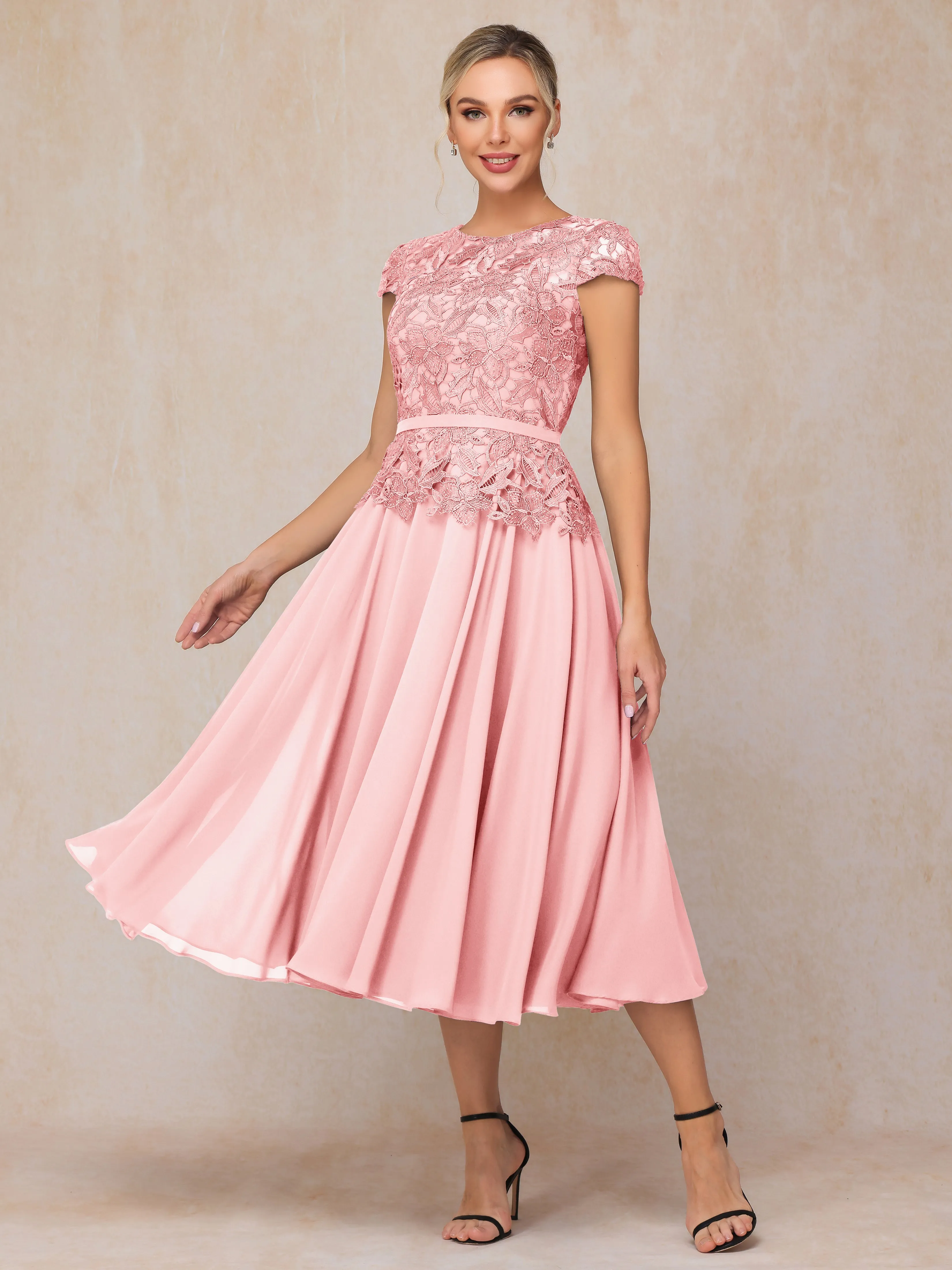 A-Line Scoop Tea-Length Chiffon Mother of the Bride Dresses With Lace