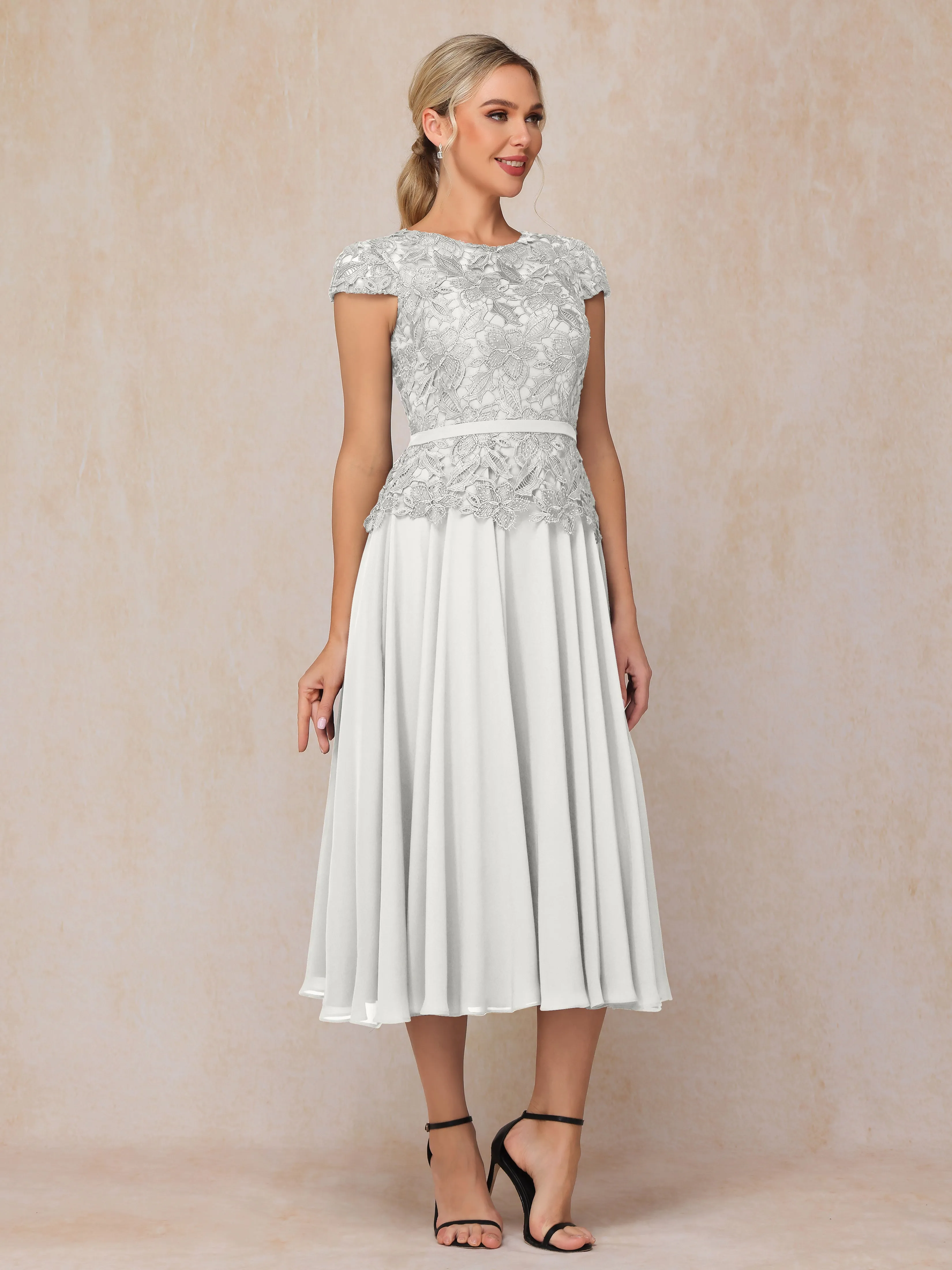 A-Line Scoop Tea-Length Chiffon Mother of the Bride Dresses With Lace