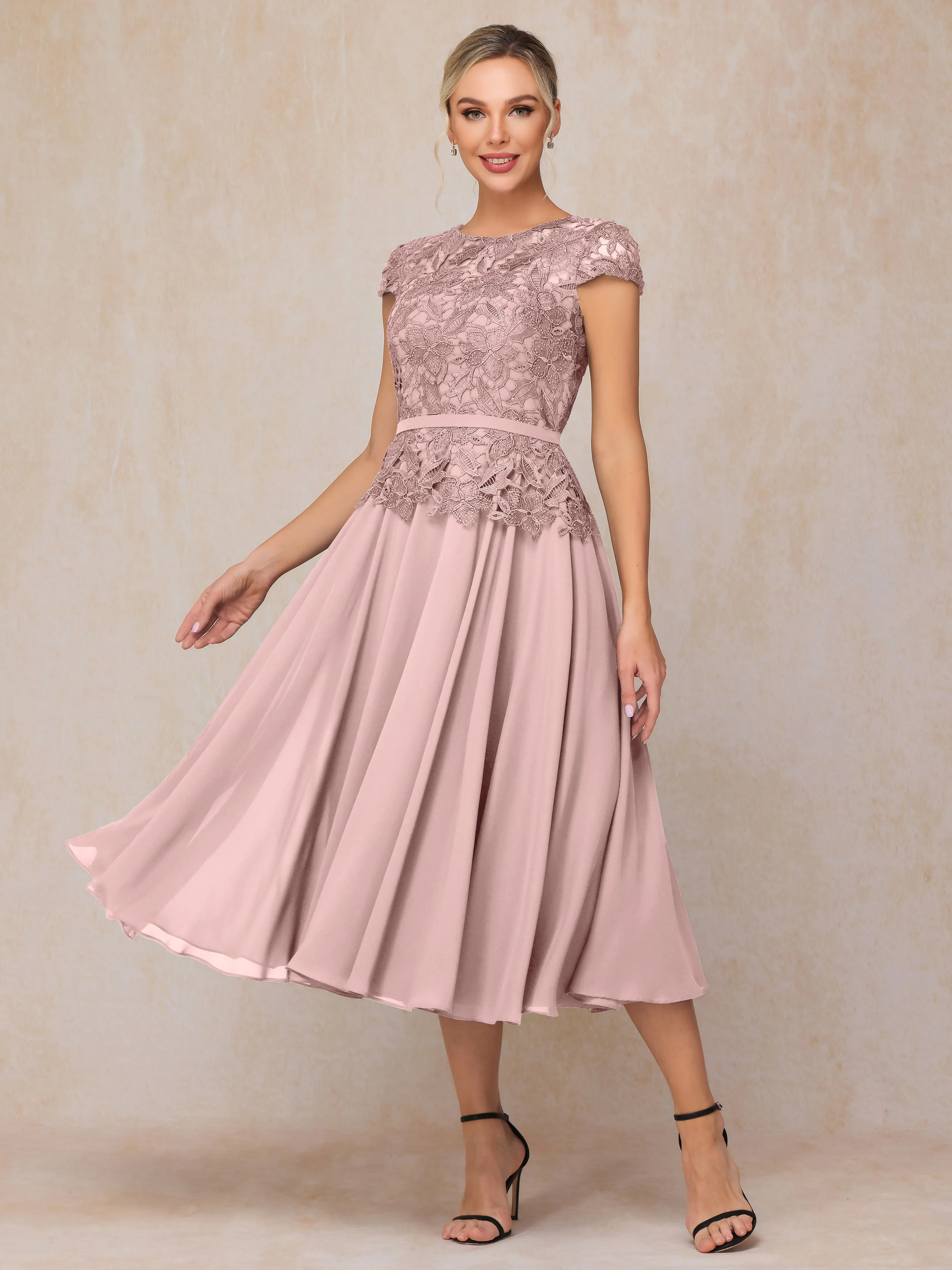 A-Line Scoop Tea-Length Chiffon Mother of the Bride Dresses With Lace