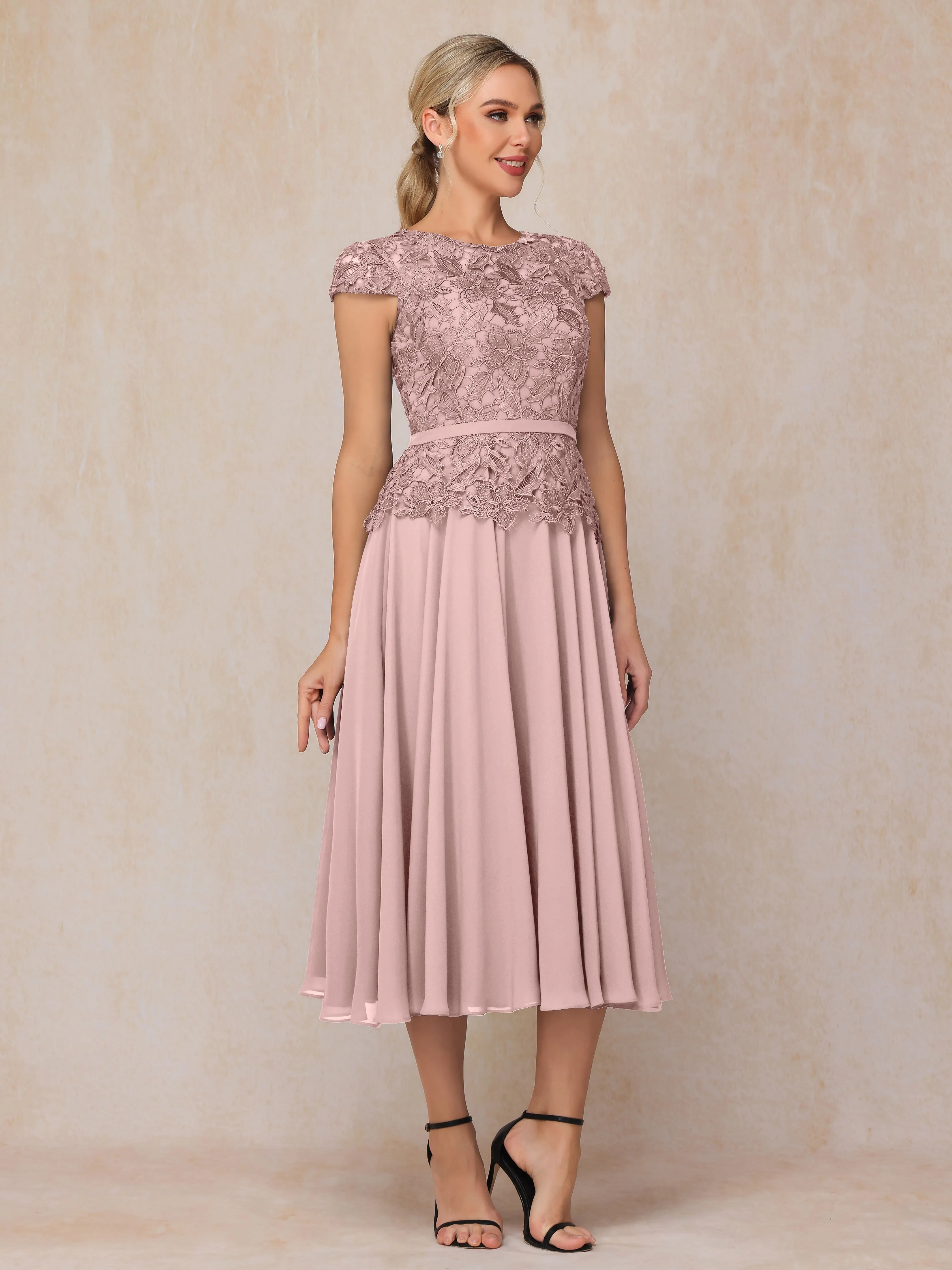 A-Line Scoop Tea-Length Chiffon Mother of the Bride Dresses With Lace