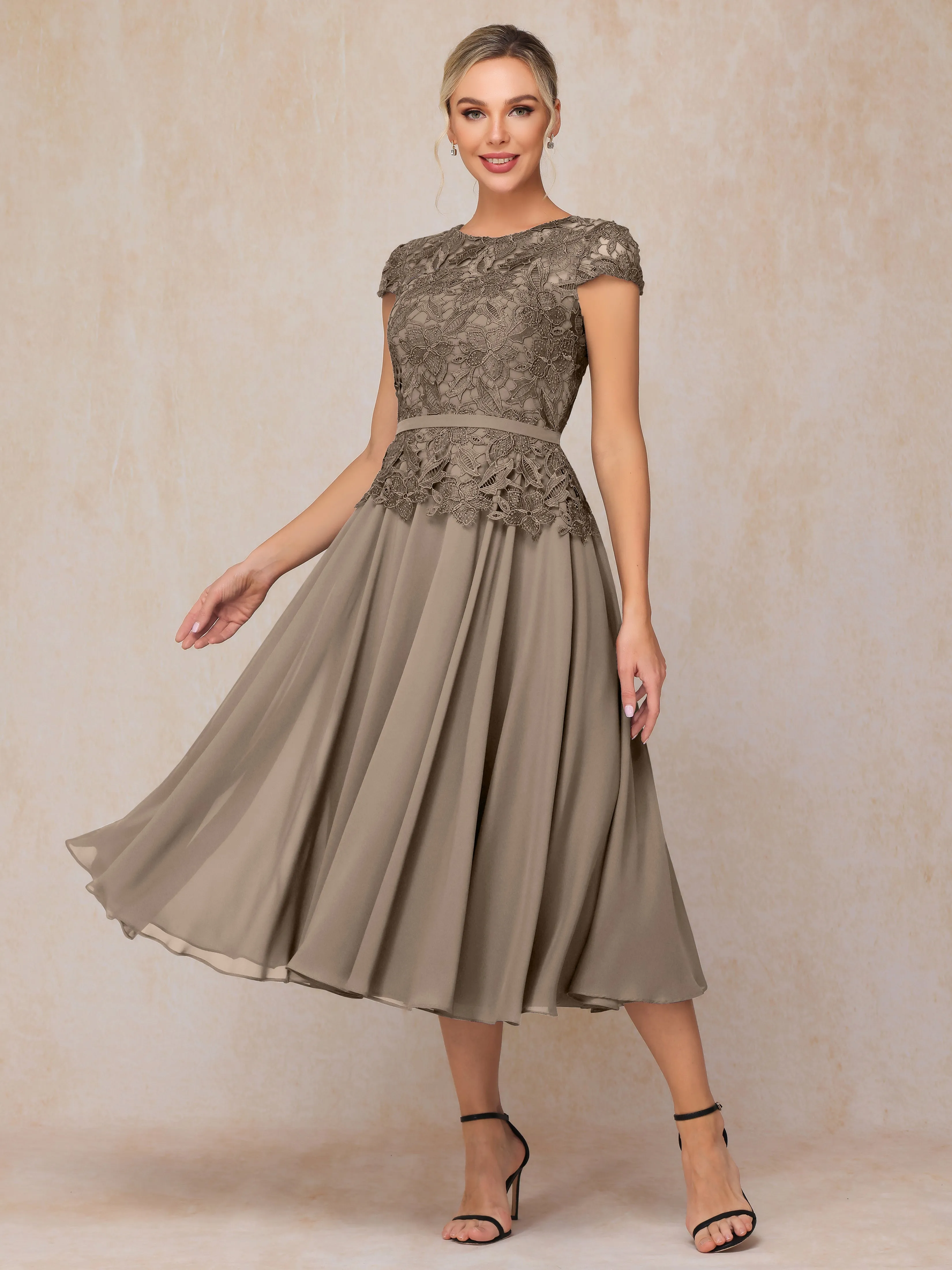 A-Line Scoop Tea-Length Chiffon Mother of the Bride Dresses With Lace