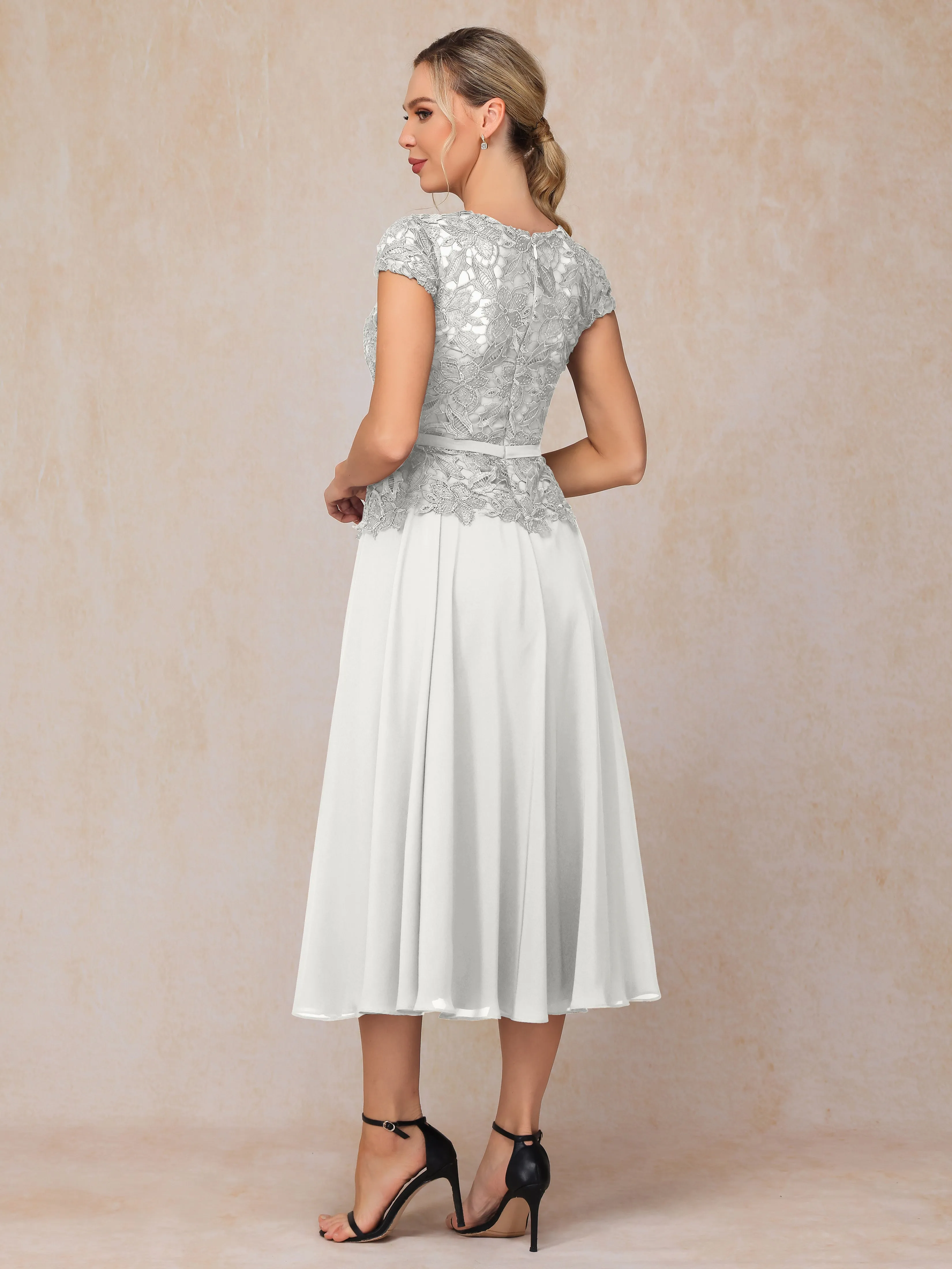 A-Line Scoop Tea-Length Chiffon Mother of the Bride Dresses With Lace