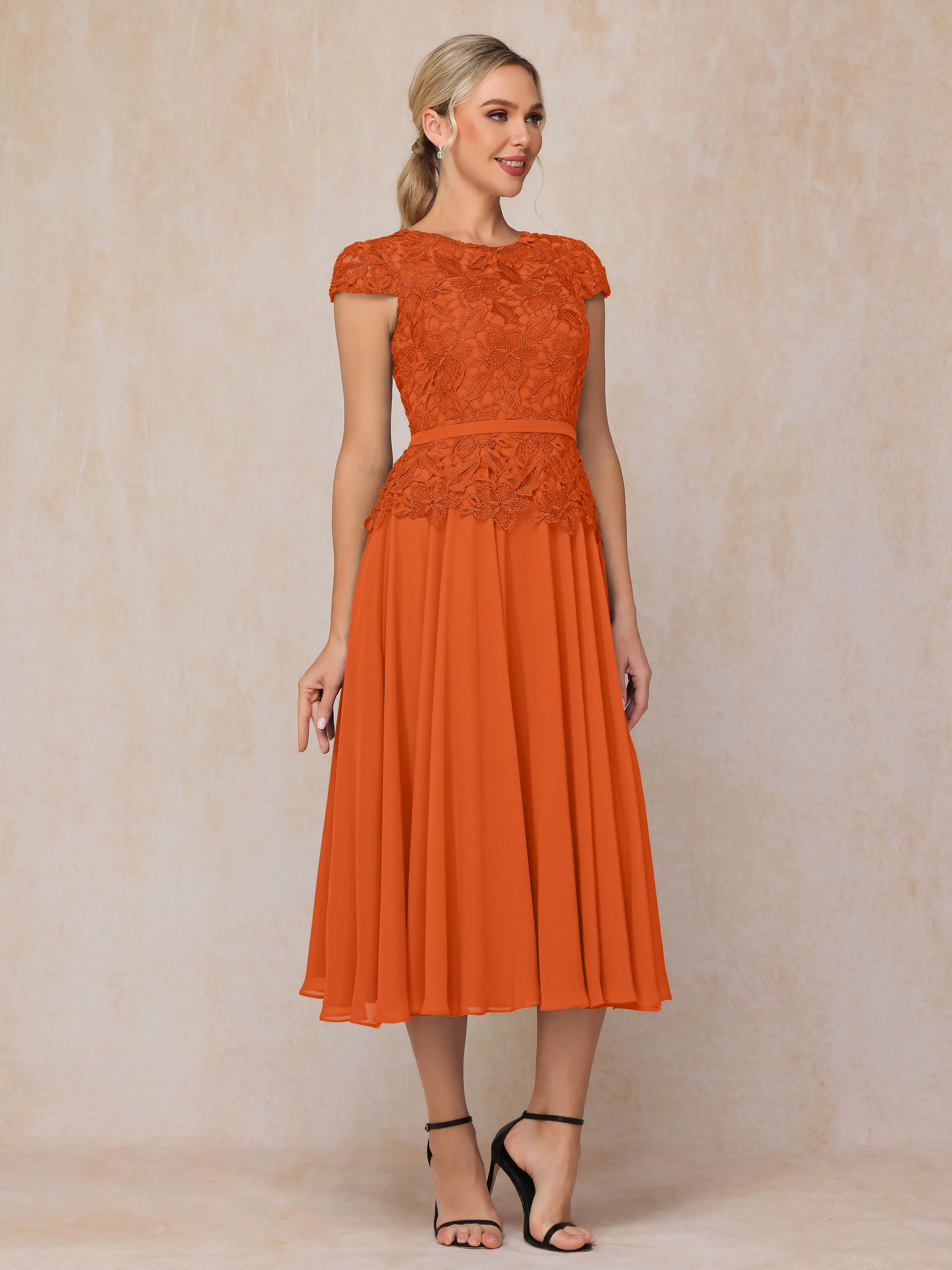 A-Line Scoop Tea-Length Chiffon Mother of the Bride Dresses With Lace