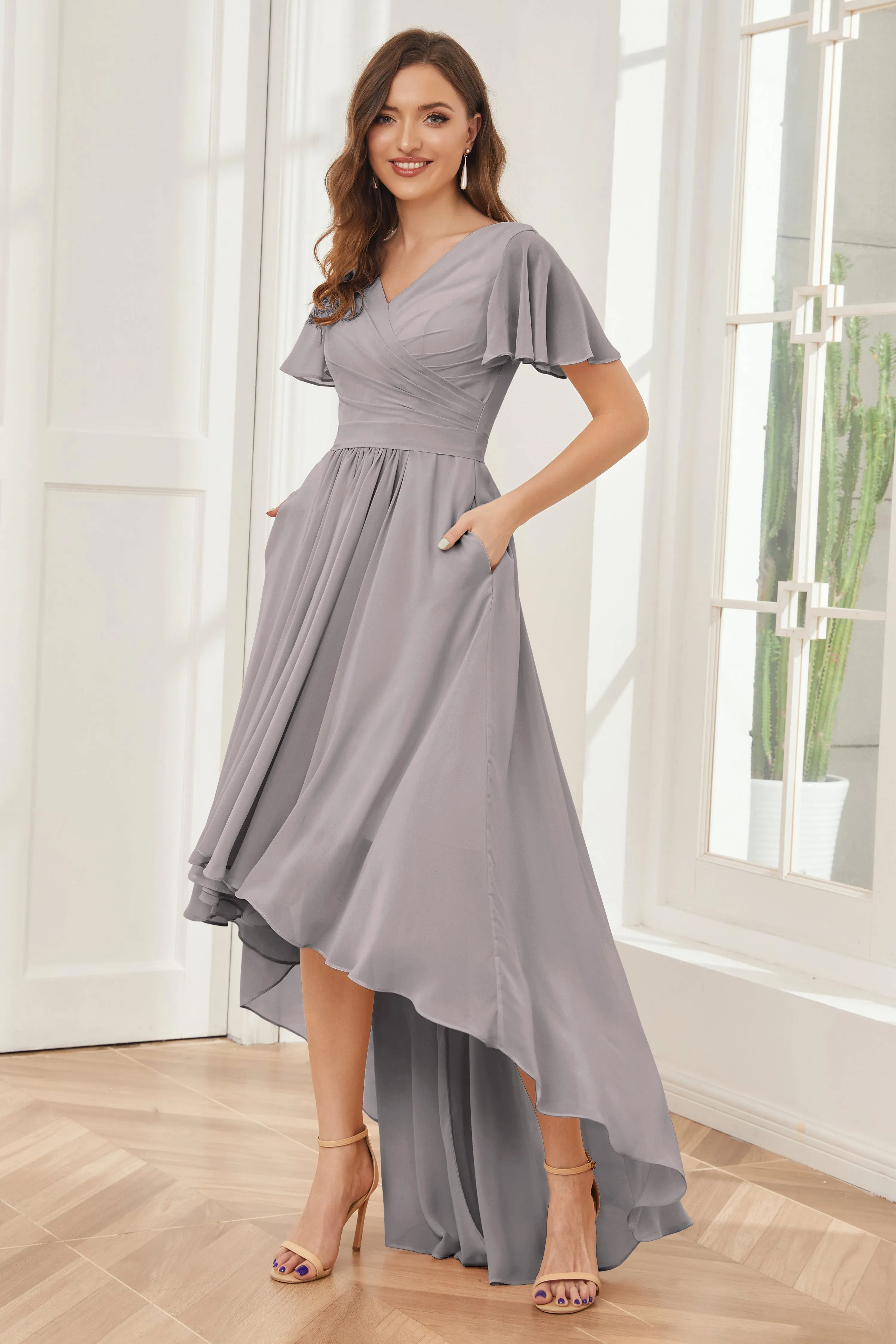 A-line Short Sleeves High Low Chiffon Bridesmaid Dresses