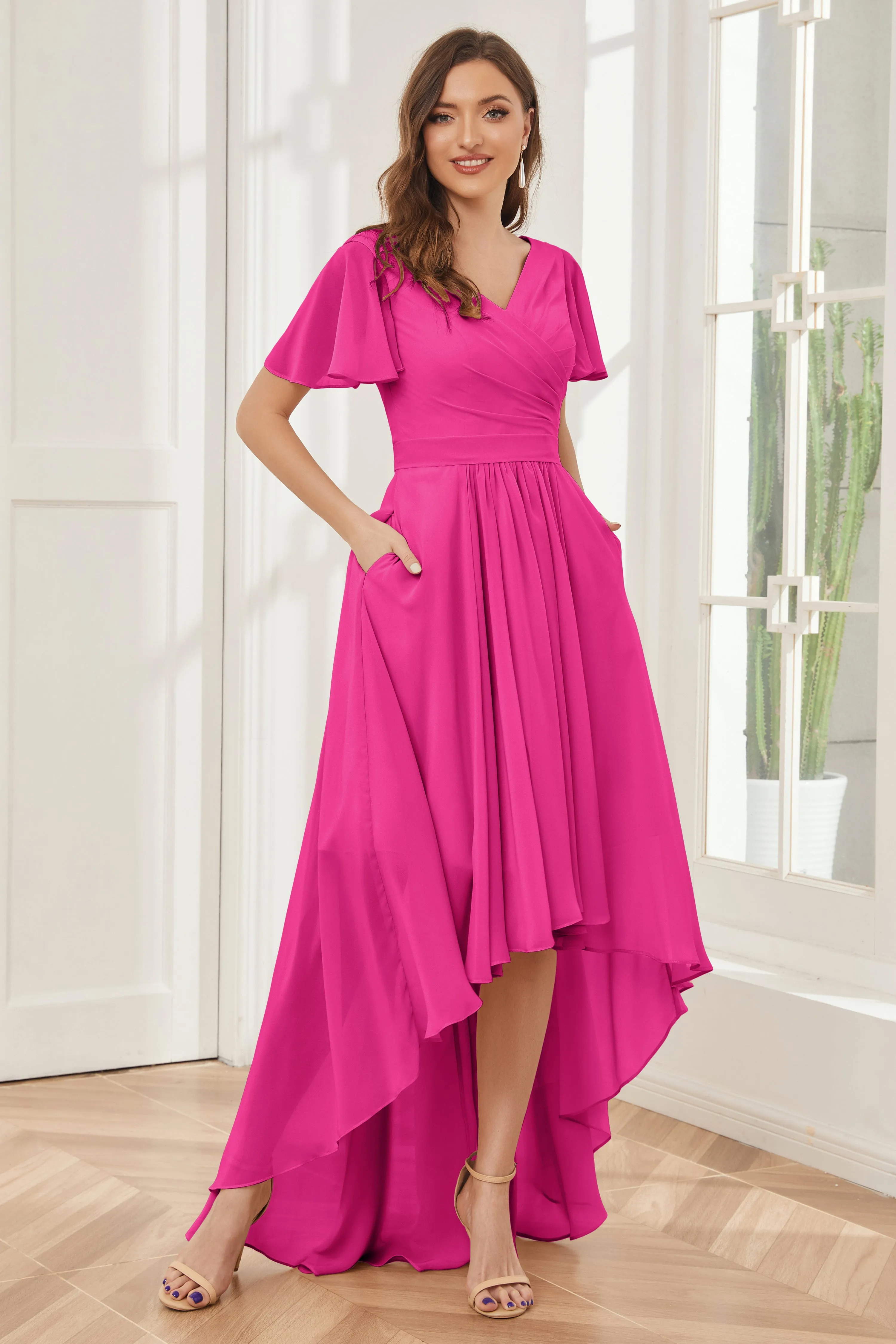 A-line Short Sleeves High Low Chiffon Bridesmaid Dresses