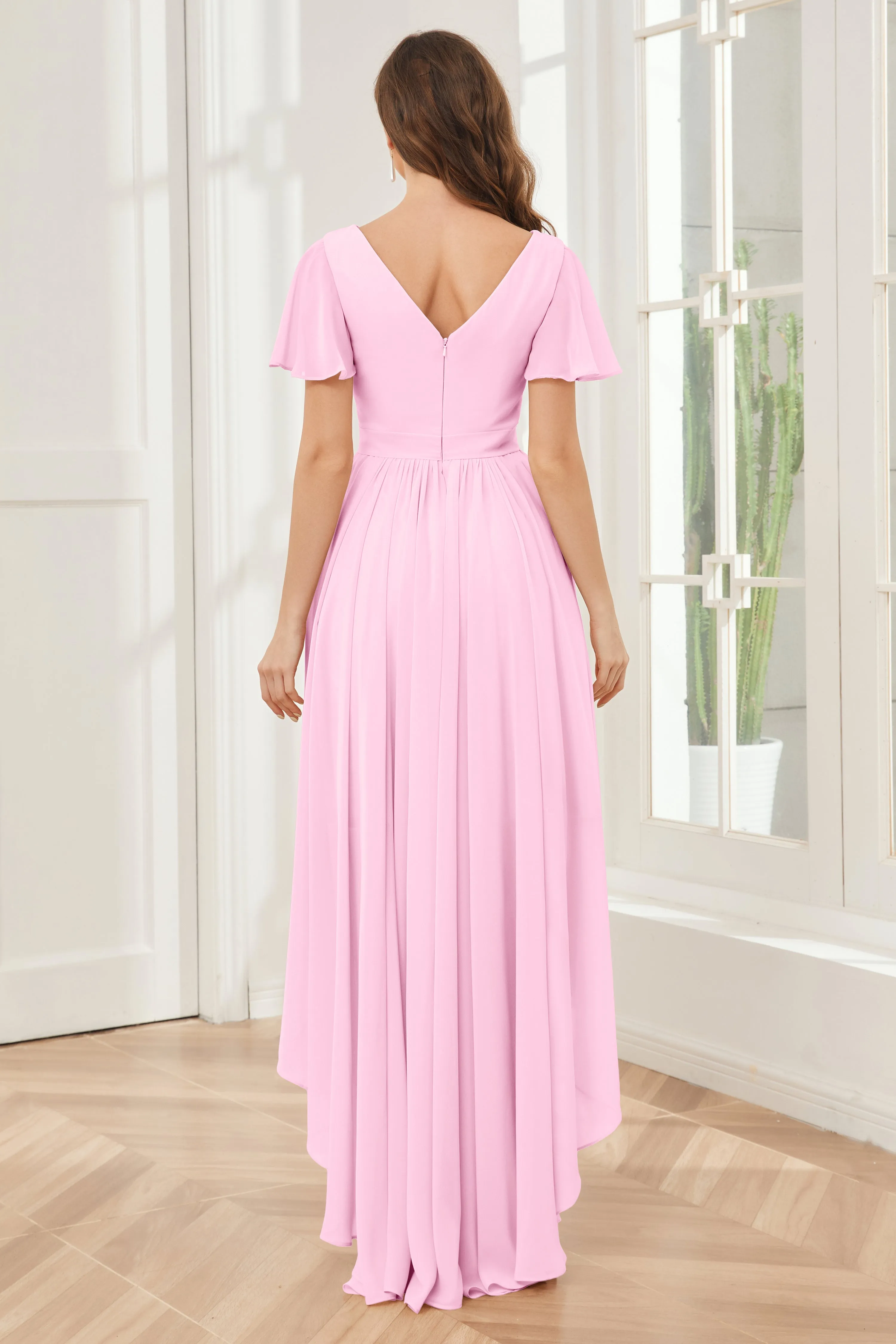 A-line Short Sleeves High Low Chiffon Bridesmaid Dresses