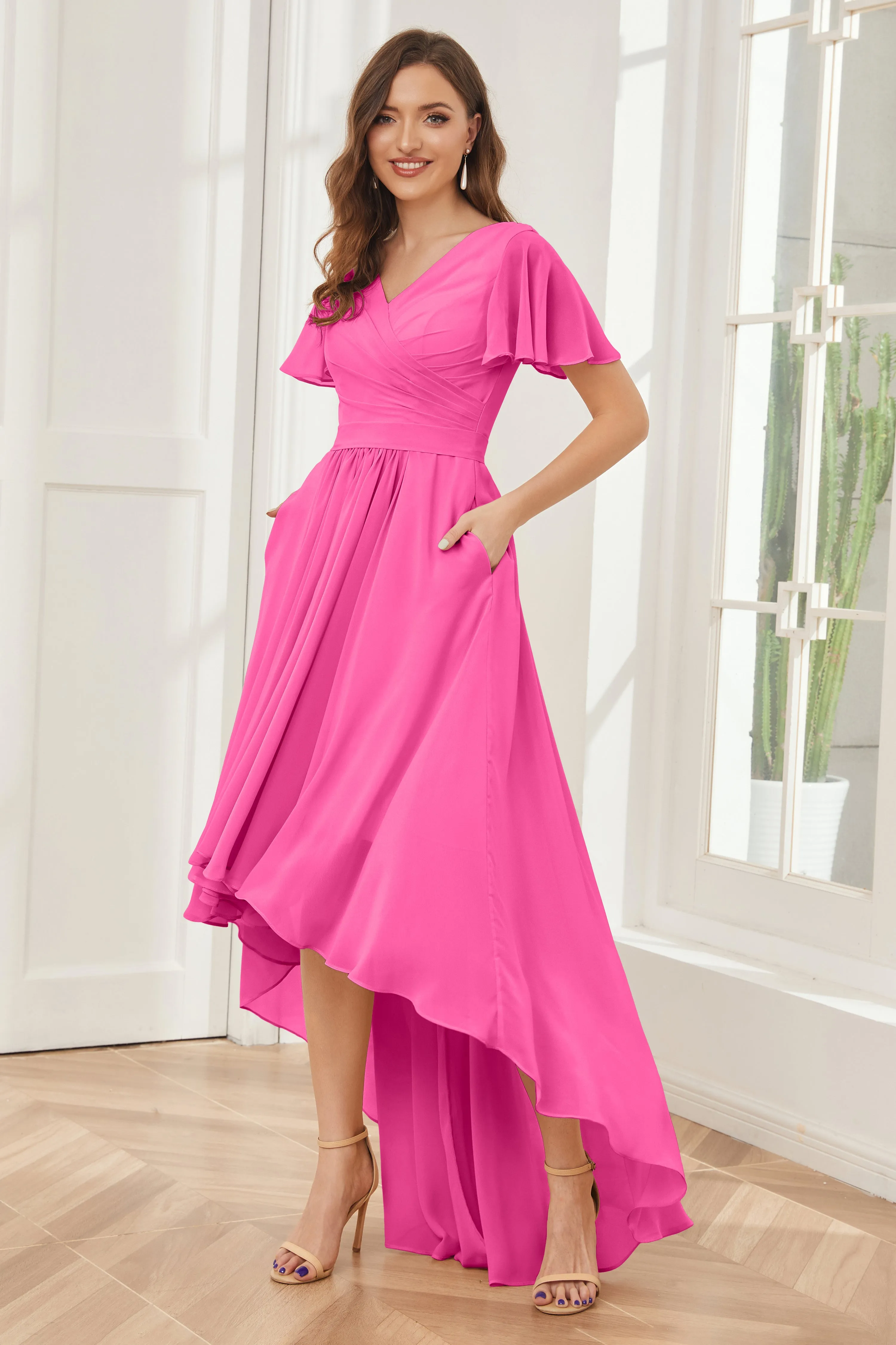 A-line Short Sleeves High Low Chiffon Bridesmaid Dresses