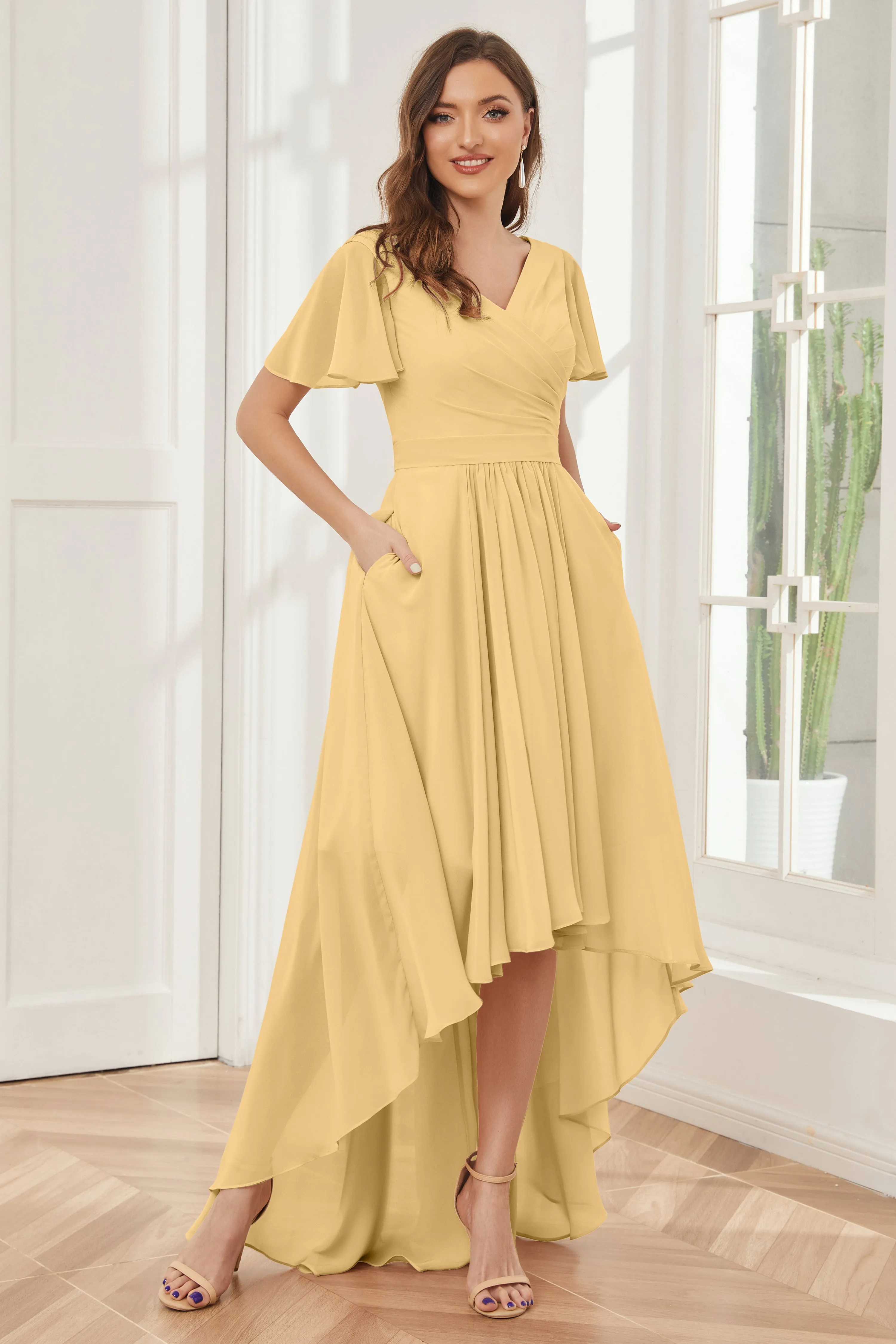 A-line Short Sleeves High Low Chiffon Bridesmaid Dresses