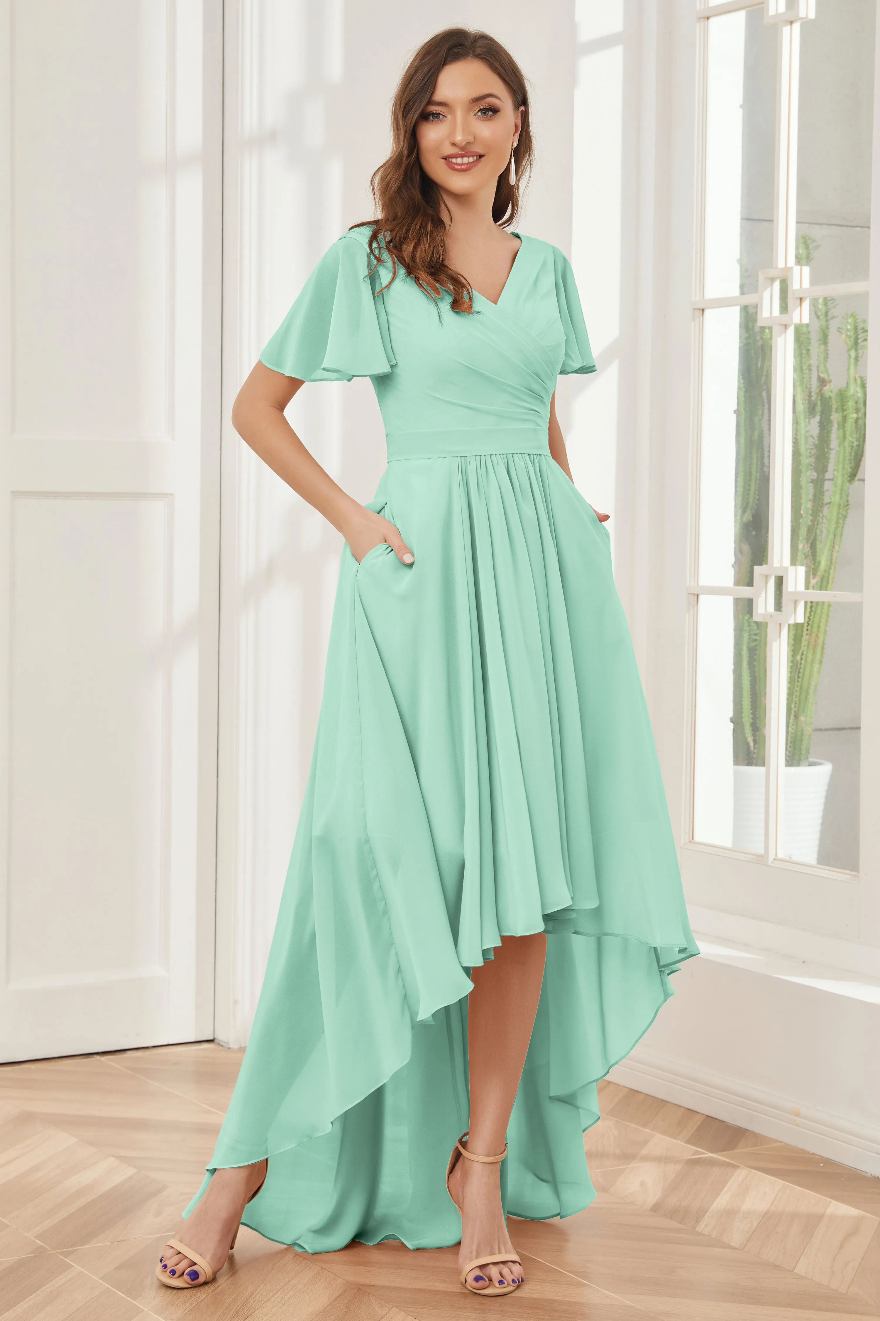 A-line Short Sleeves High Low Chiffon Bridesmaid Dresses