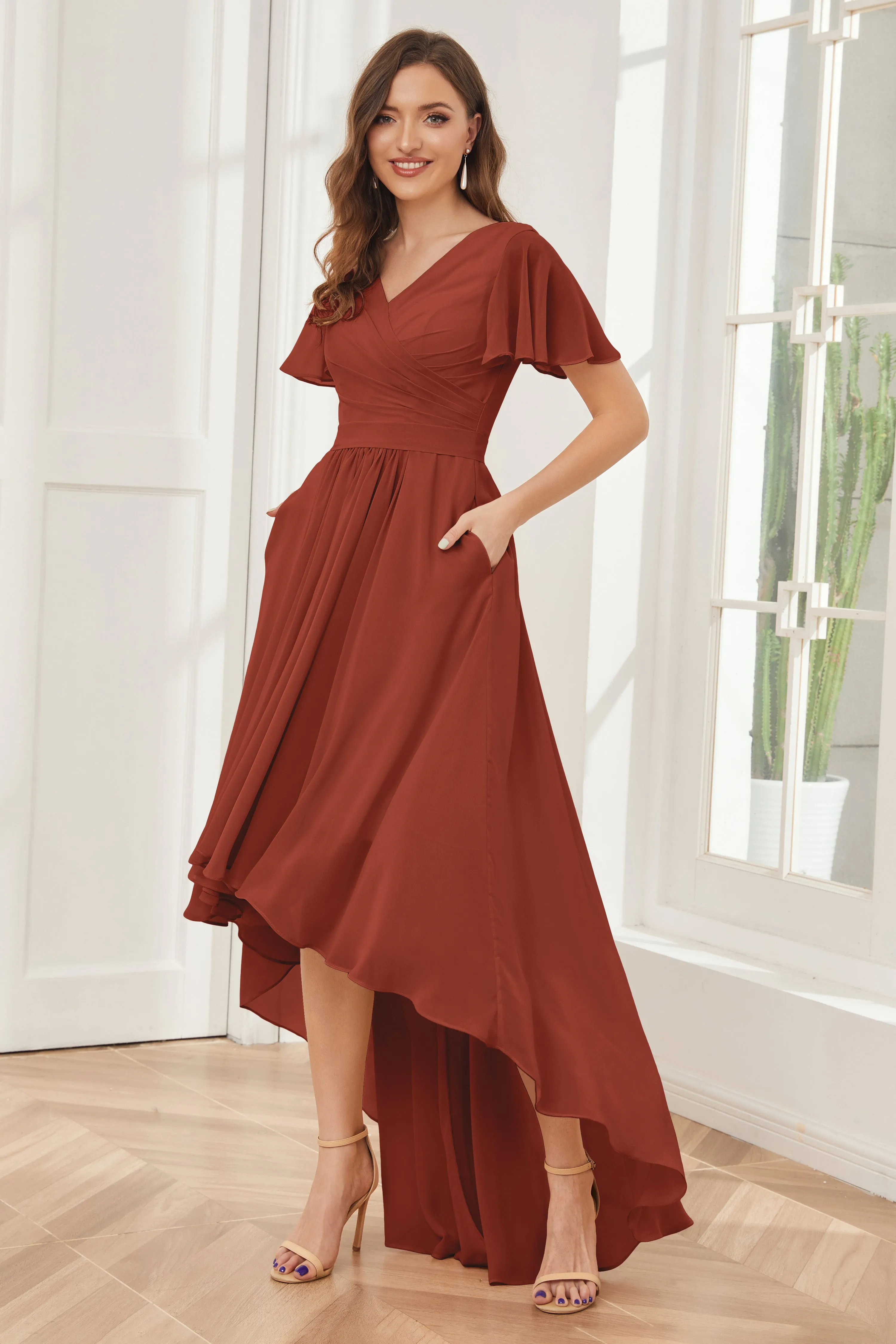 A-line Short Sleeves High Low Chiffon Bridesmaid Dresses