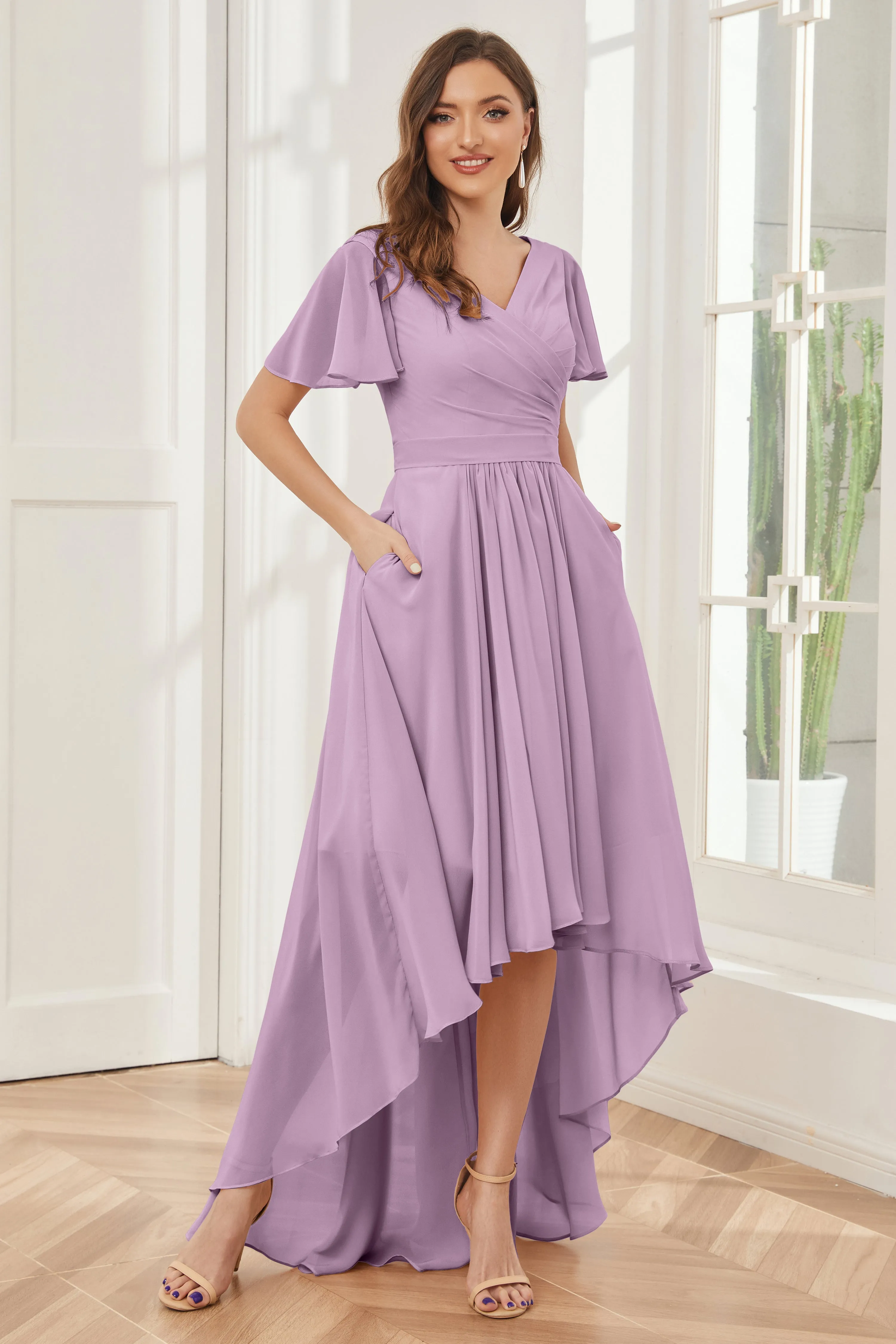 A-line Short Sleeves High Low Chiffon Bridesmaid Dresses