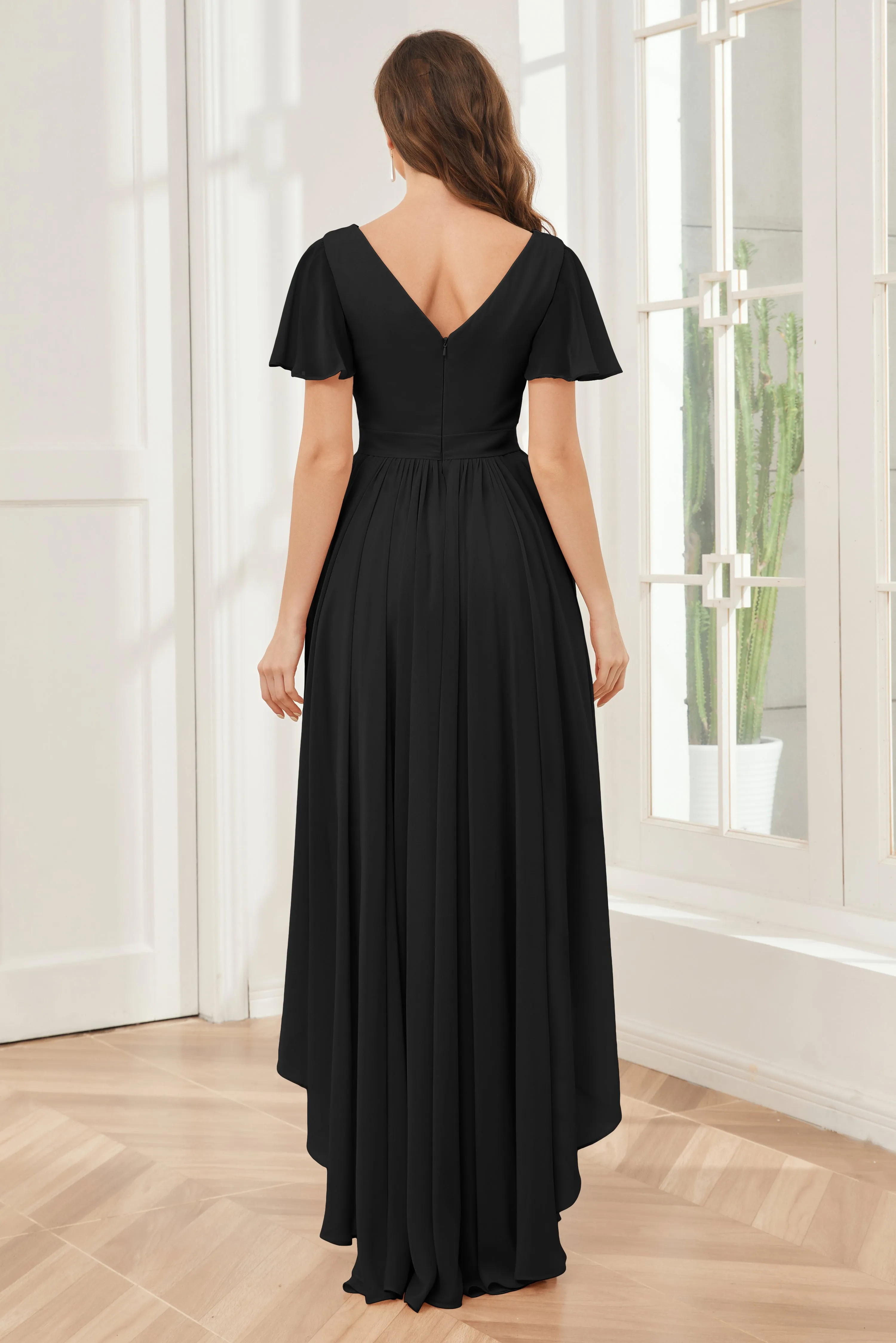 A-line Short Sleeves High Low Chiffon Bridesmaid Dresses