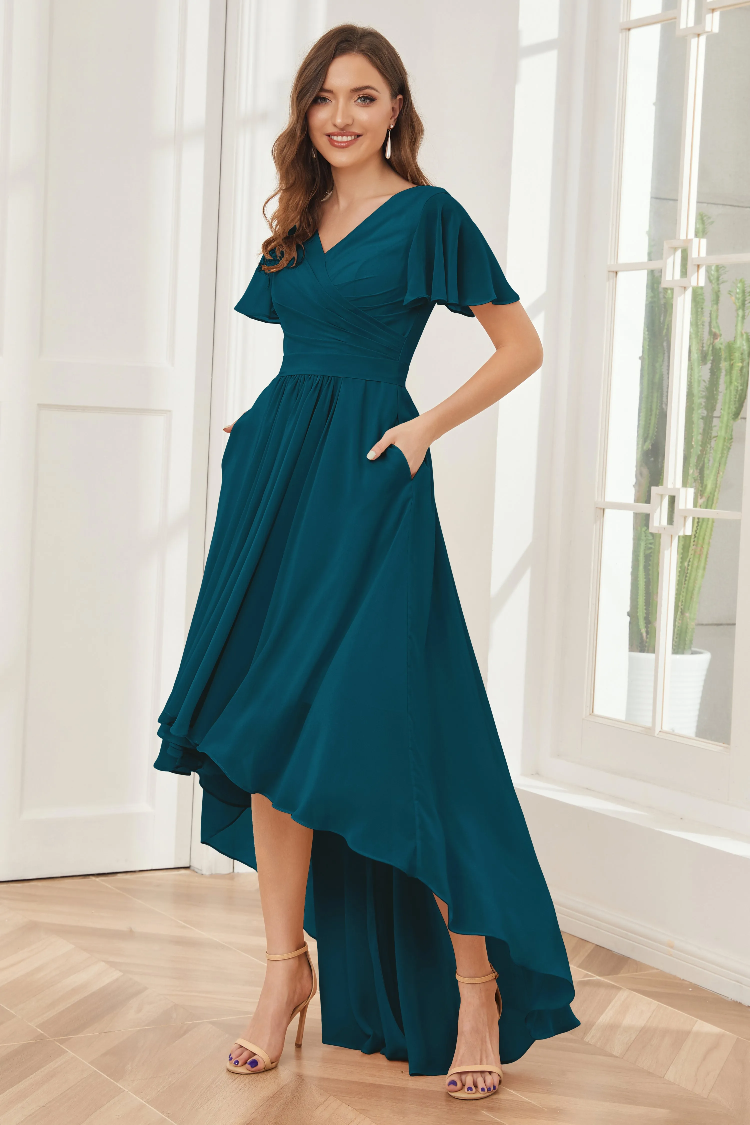 A-line Short Sleeves High Low Chiffon Bridesmaid Dresses