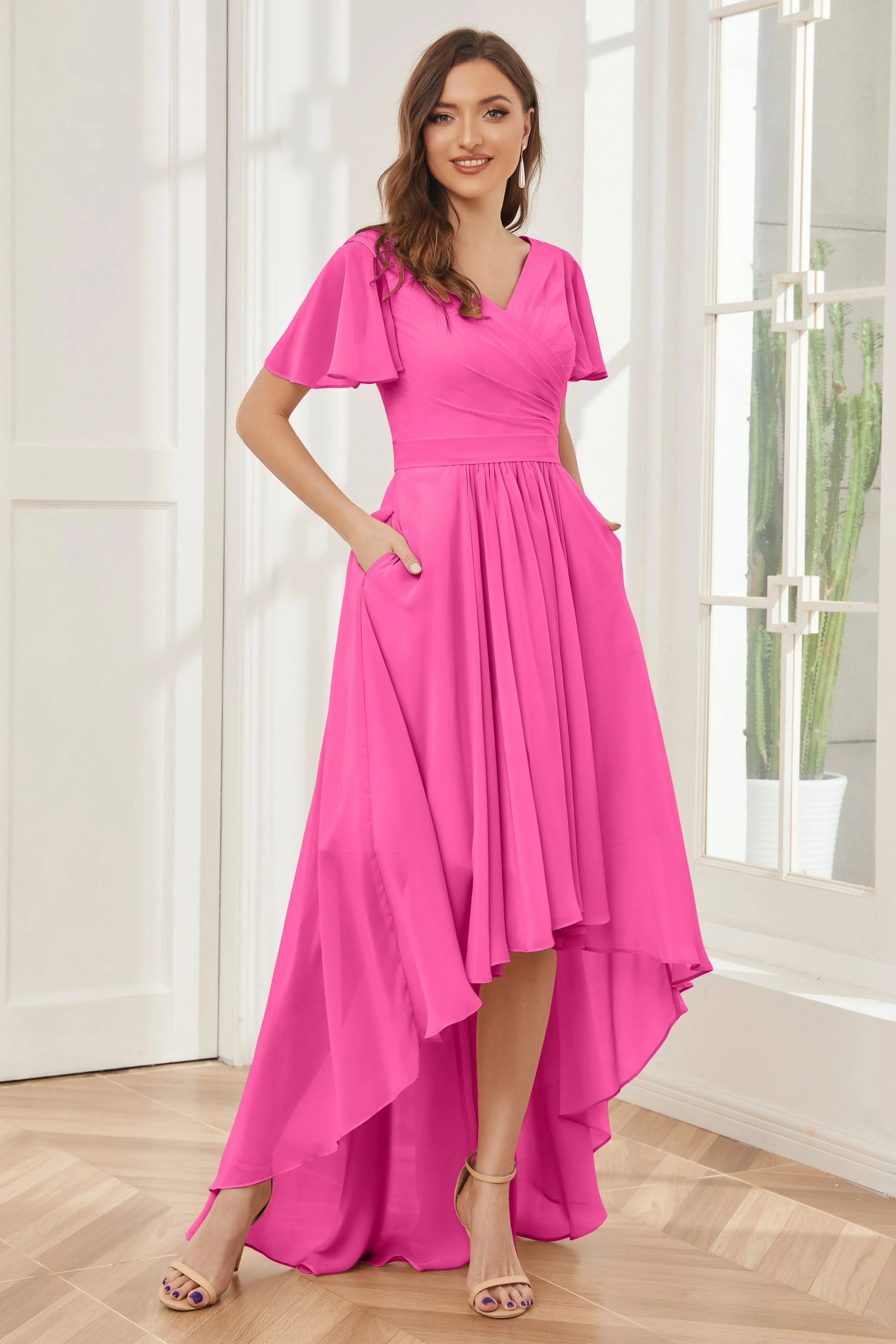 A-line Short Sleeves High Low Chiffon Bridesmaid Dresses