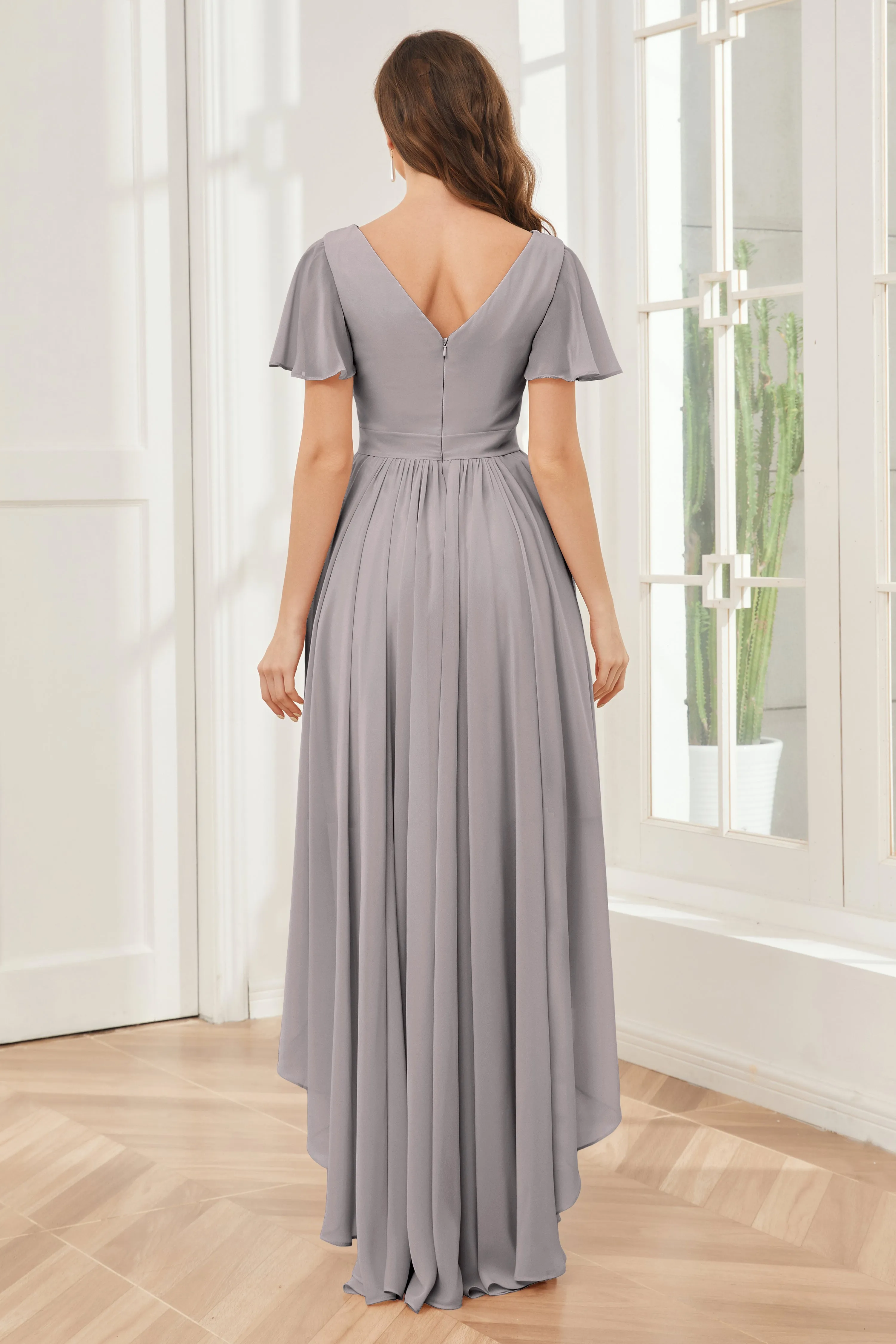 A-line Short Sleeves High Low Chiffon Bridesmaid Dresses