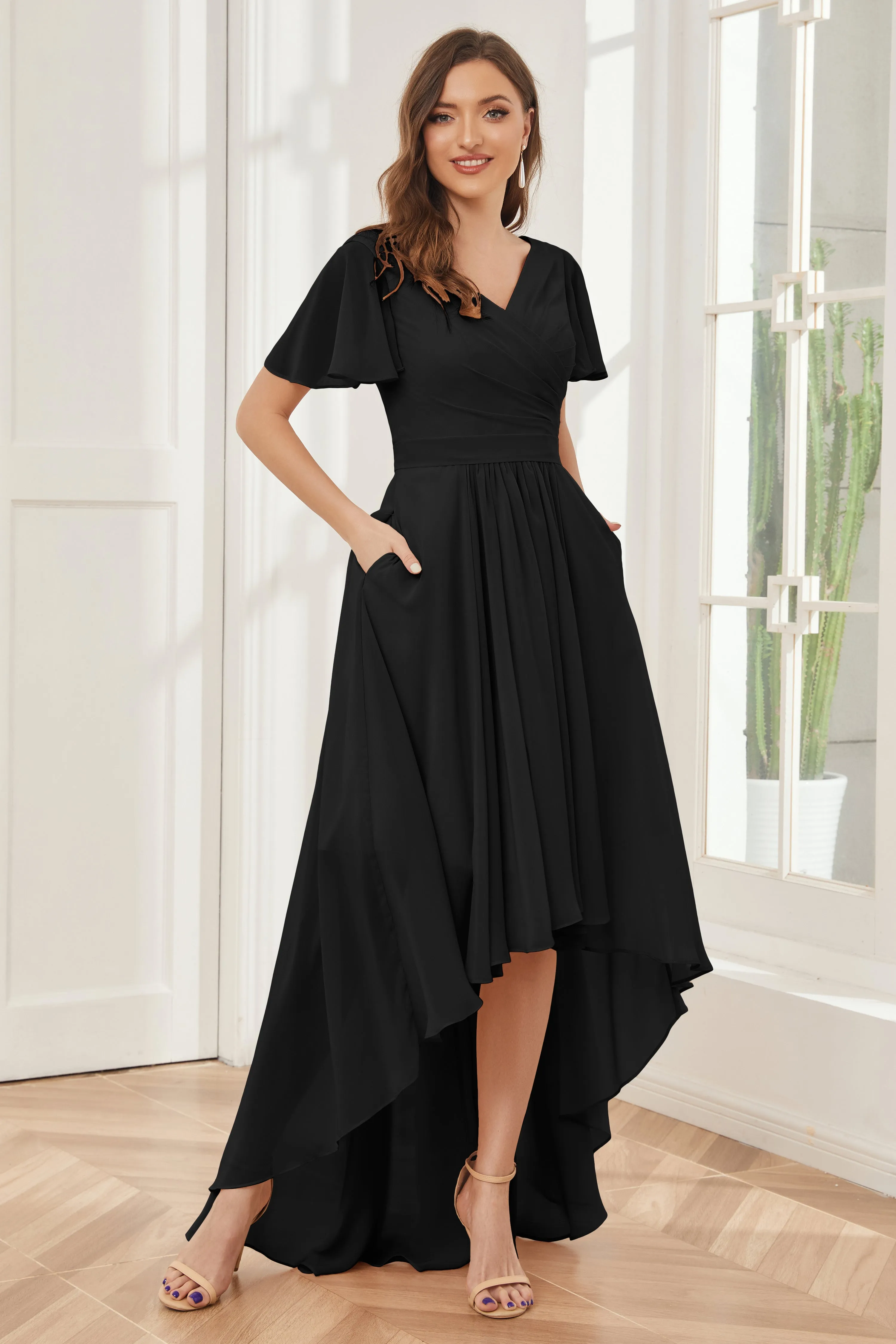 A-line Short Sleeves High Low Chiffon Bridesmaid Dresses