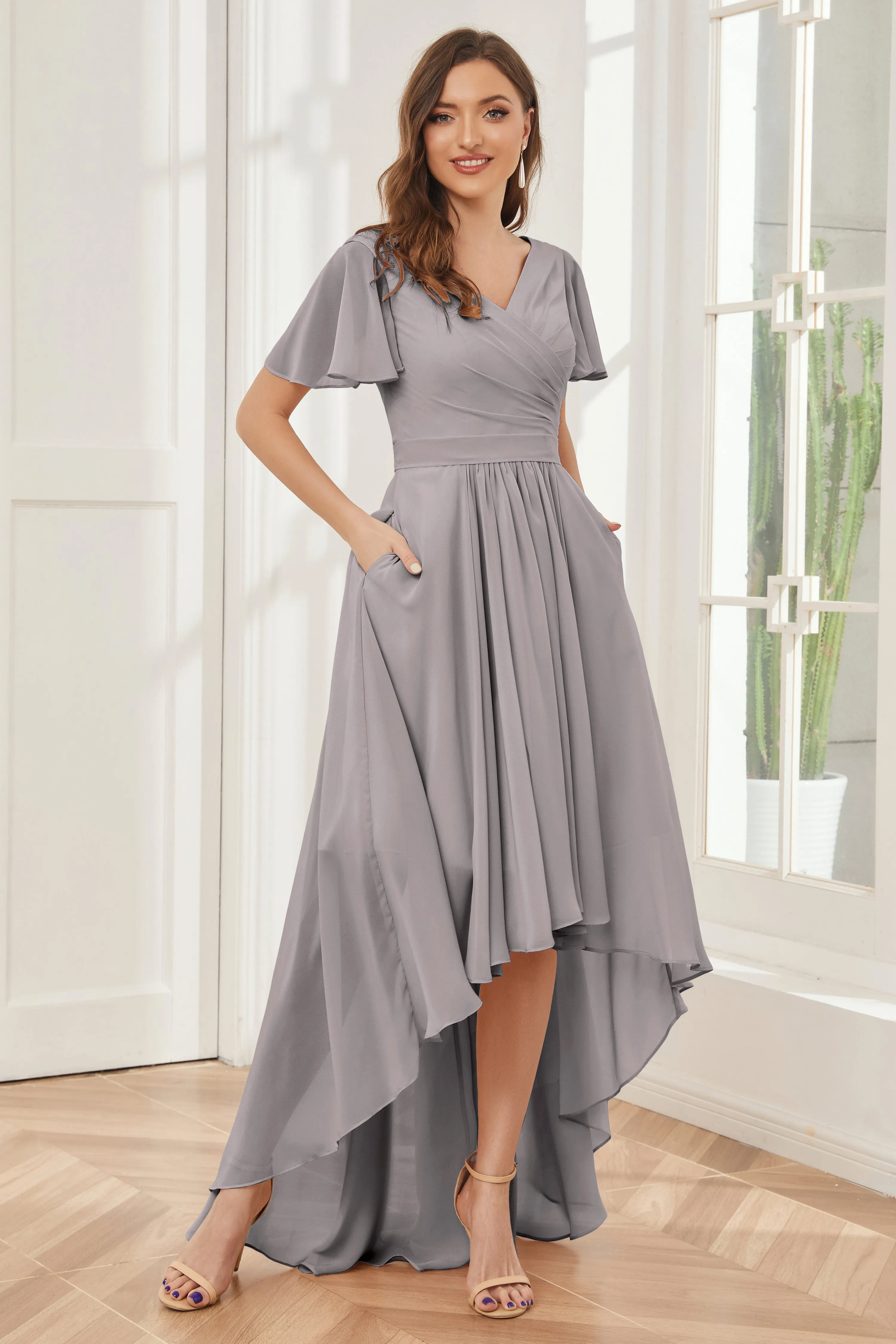 A-line Short Sleeves High Low Chiffon Bridesmaid Dresses