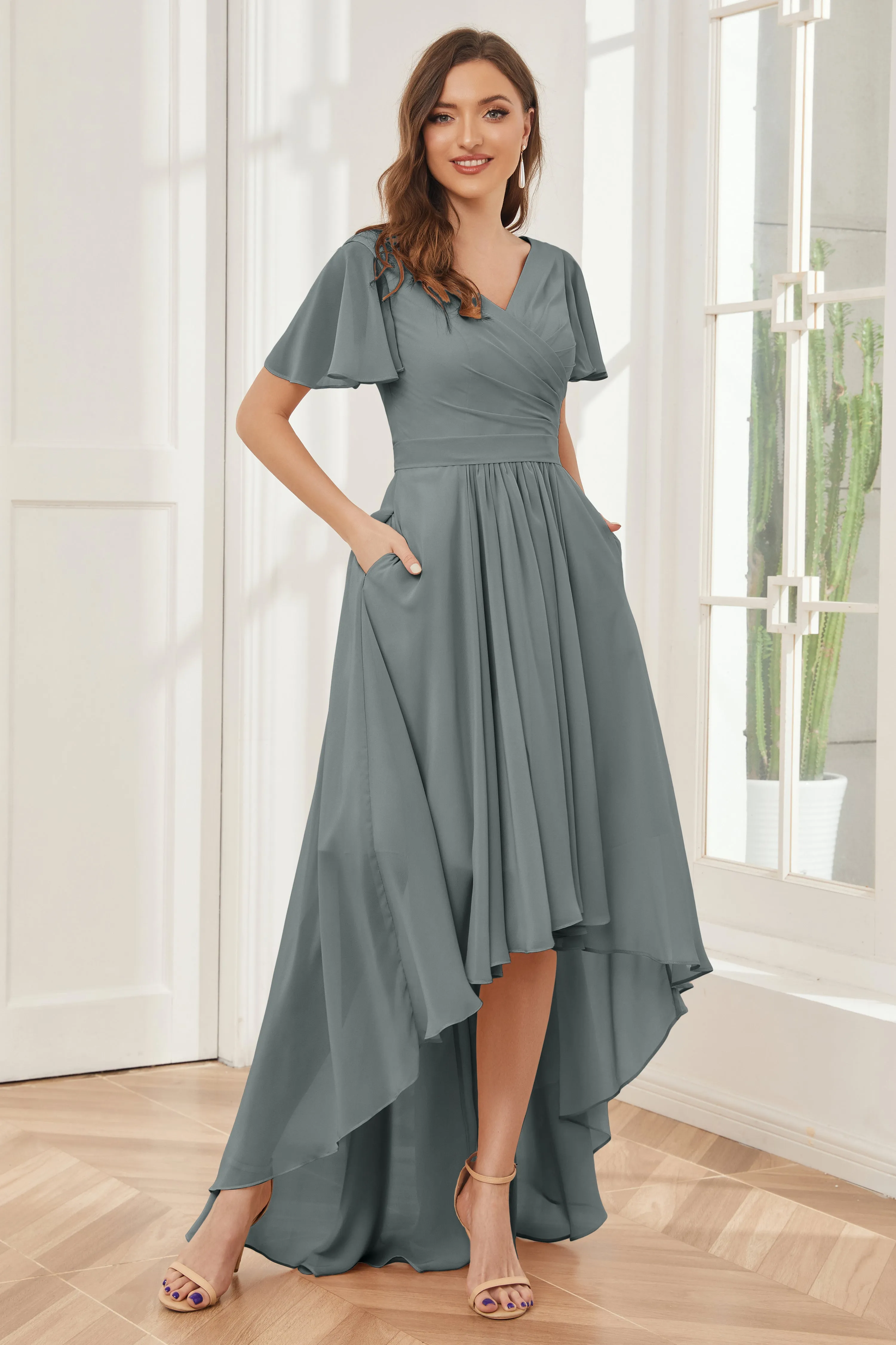 A-line Short Sleeves High Low Chiffon Bridesmaid Dresses