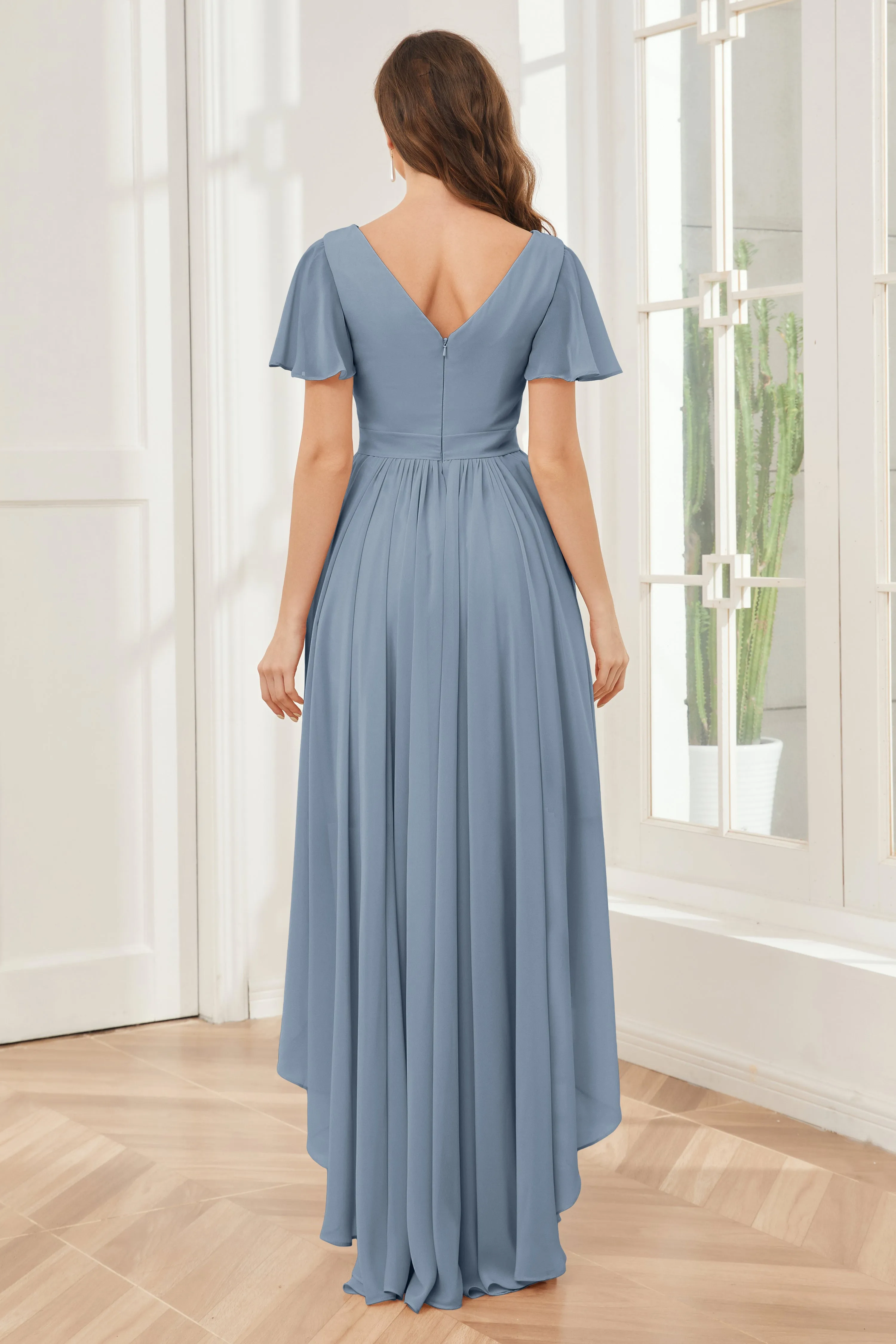 A-line Short Sleeves High Low Chiffon Bridesmaid Dresses