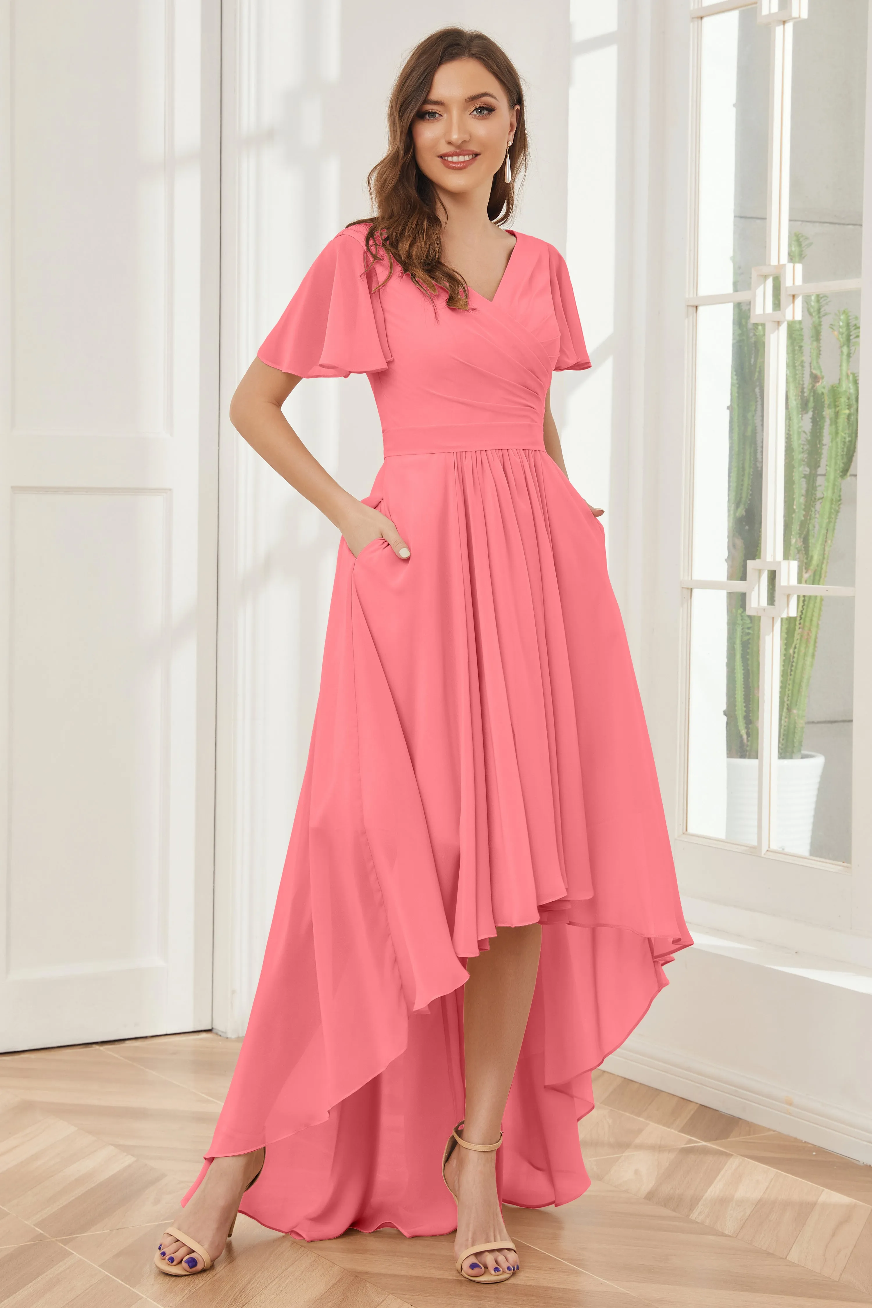 A-line Short Sleeves High Low Chiffon Bridesmaid Dresses