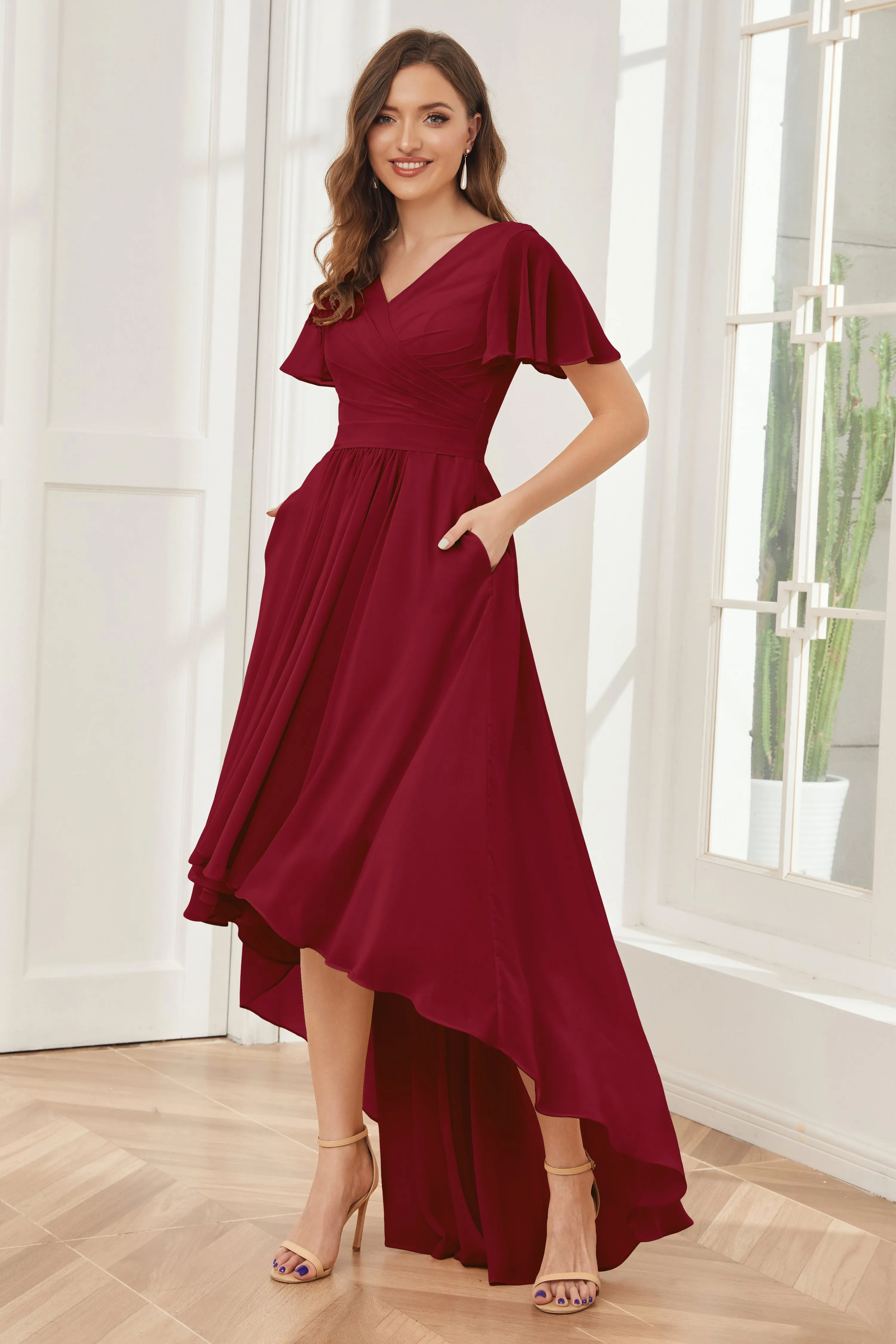 A-line Short Sleeves High Low Chiffon Bridesmaid Dresses