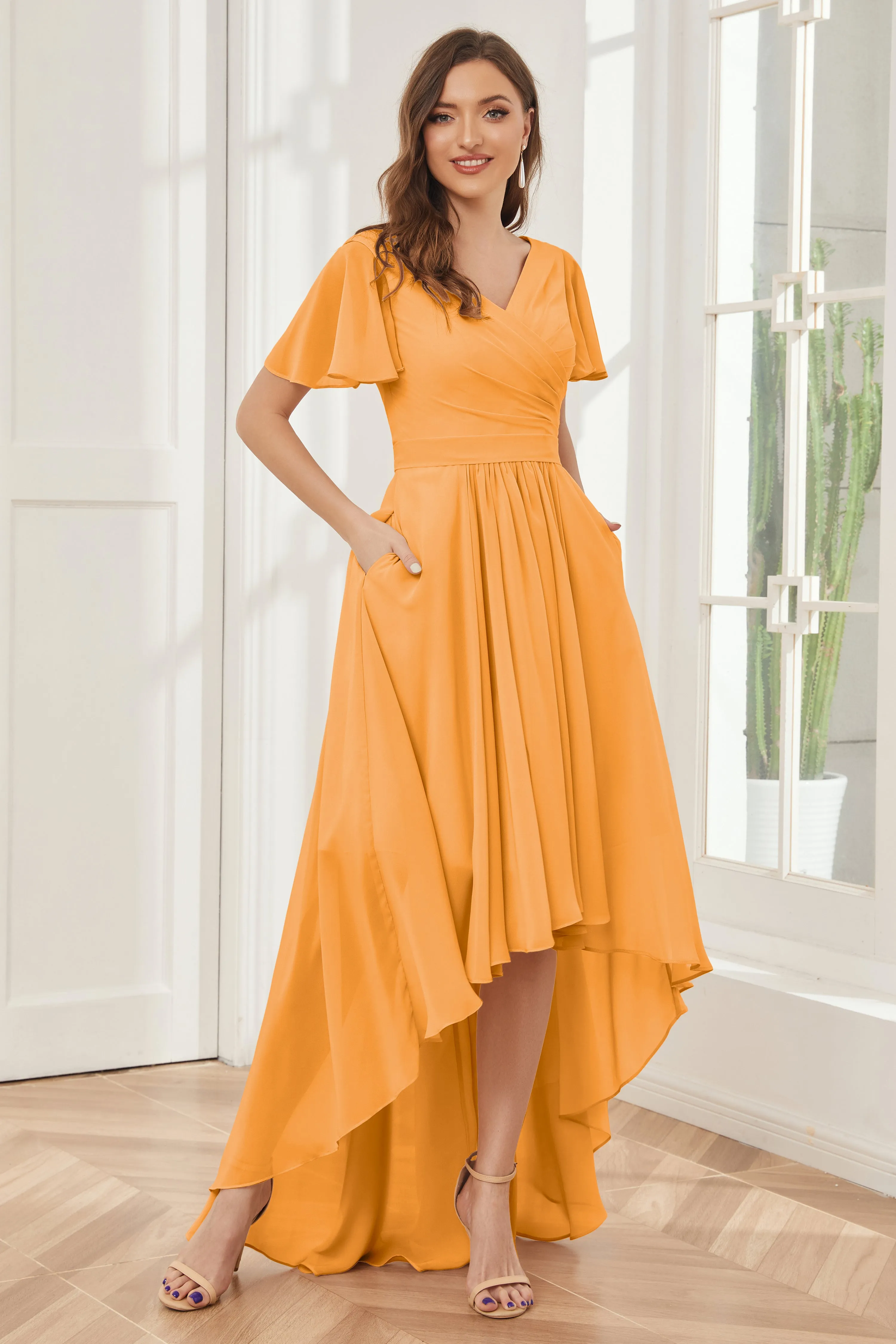 A-line Short Sleeves High Low Chiffon Bridesmaid Dresses